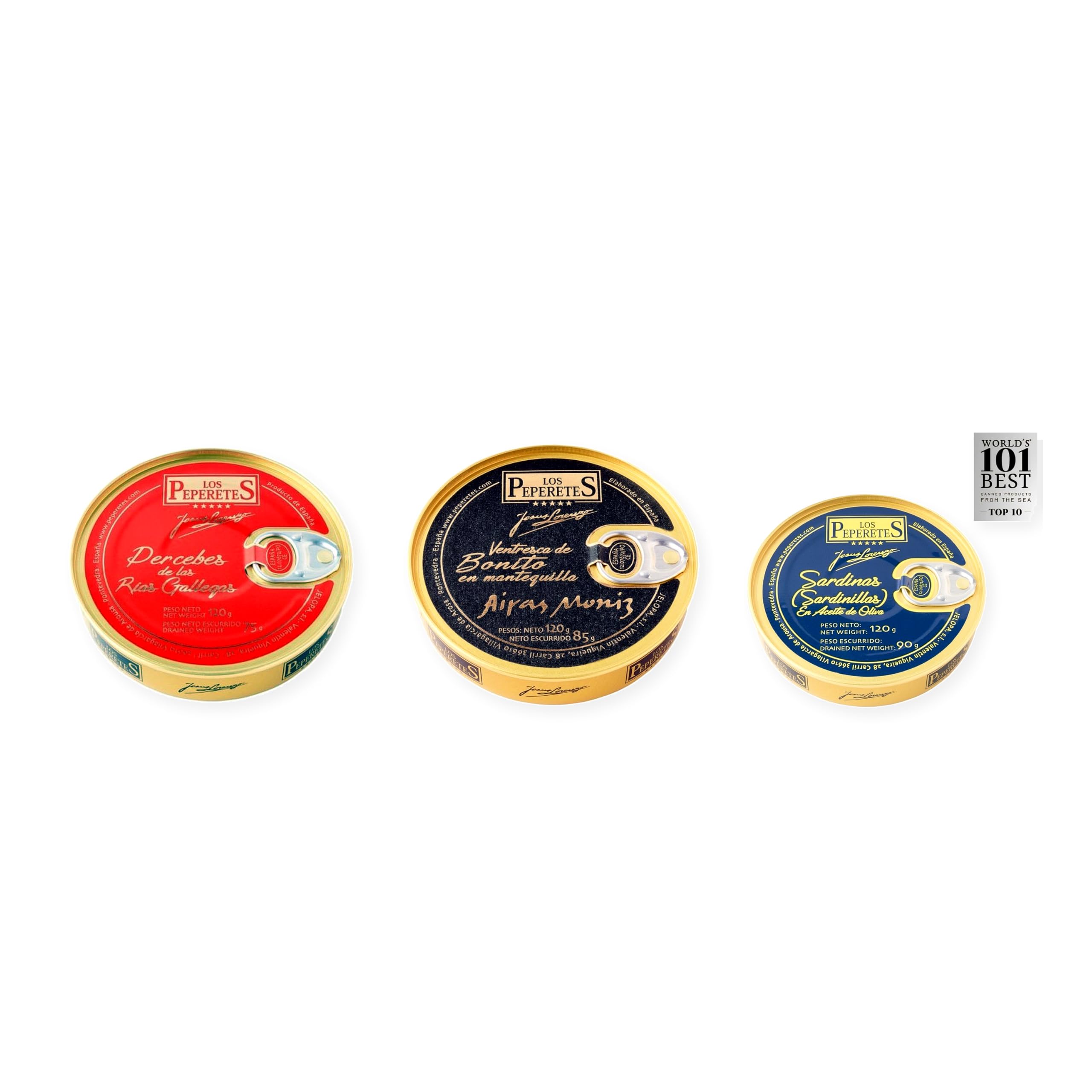 los peperetes conservas Percebes Rías Gallegas, Ventresca Bonito Mantequilla y Sardinillas Aceite Oliva pack 3 latas