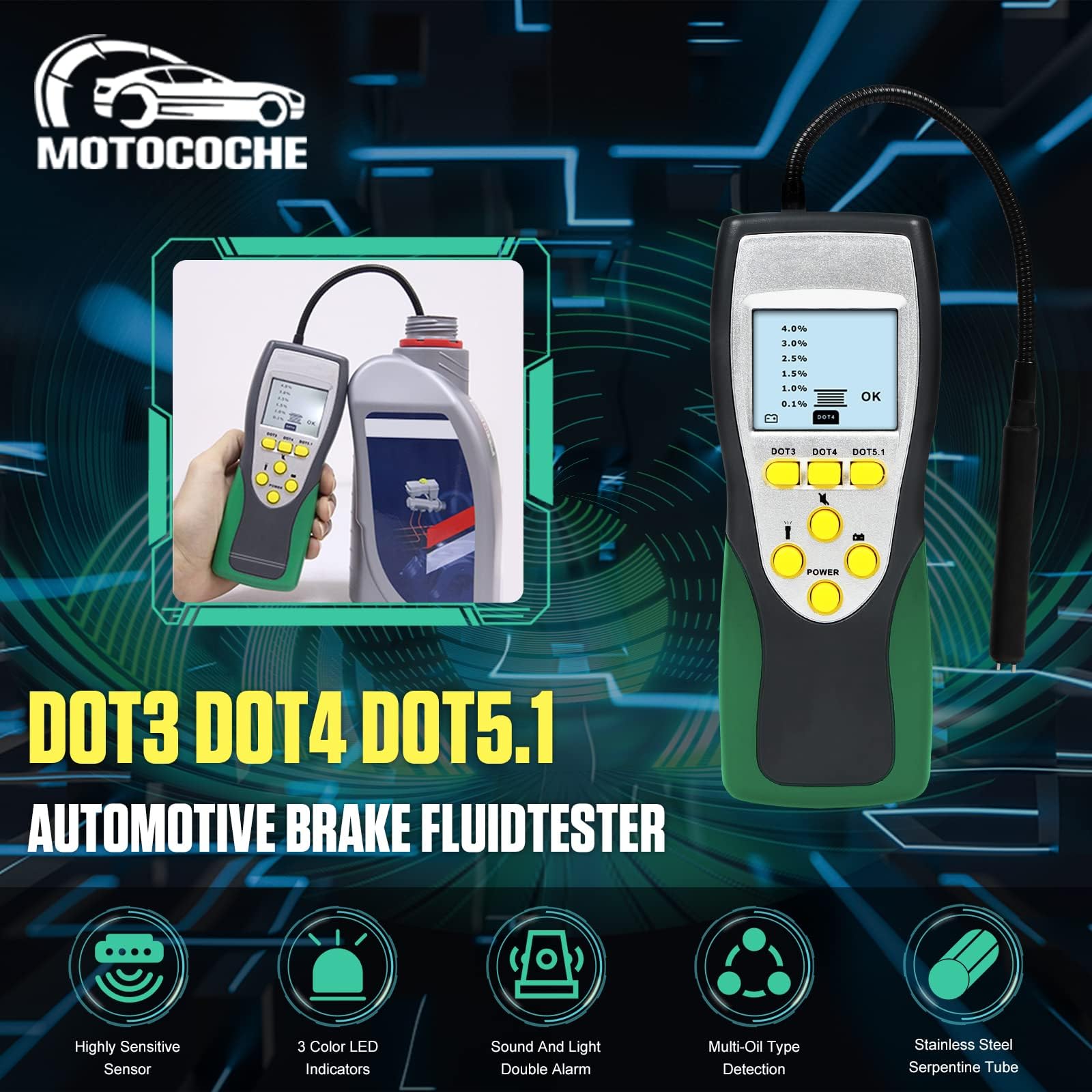 Tester Fluido Freni Auto DOT3 DOT4 DOT5.1 Display LCD 2.2" Brake Fluid Tester con Sonda 250 mm