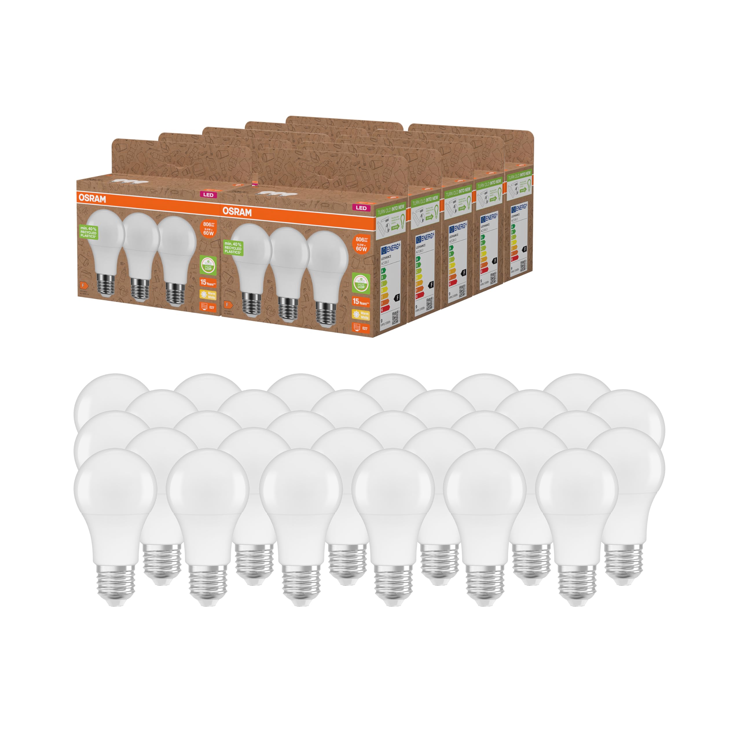 Osram NATURE LOOP - besonders nachhaltige LED Lampen aus recyceltem Plastik, Vorteilspack mit 30 Leuchtmittel, ersetzt herkömmliche 60W Glühbirnen,Birnenform, E27, warmweiß(2700K),umweltschonend