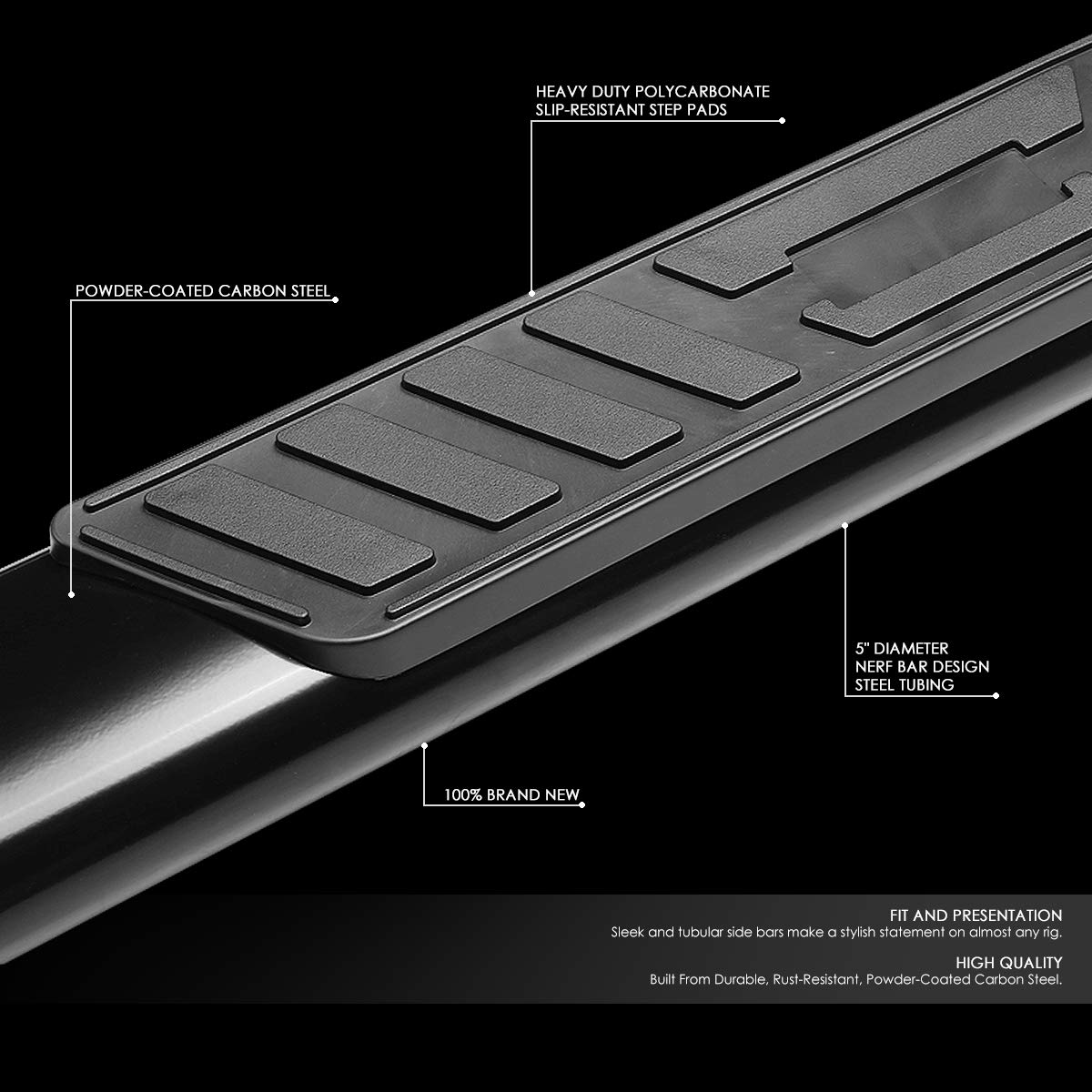 DNA MOTORING 5 Inches Running Boards Compatible with 19-24 Ram 1500 Quad/Extended Cab, Powder Coated Side Step Nerf Bars, STEPB-5C-013-BK