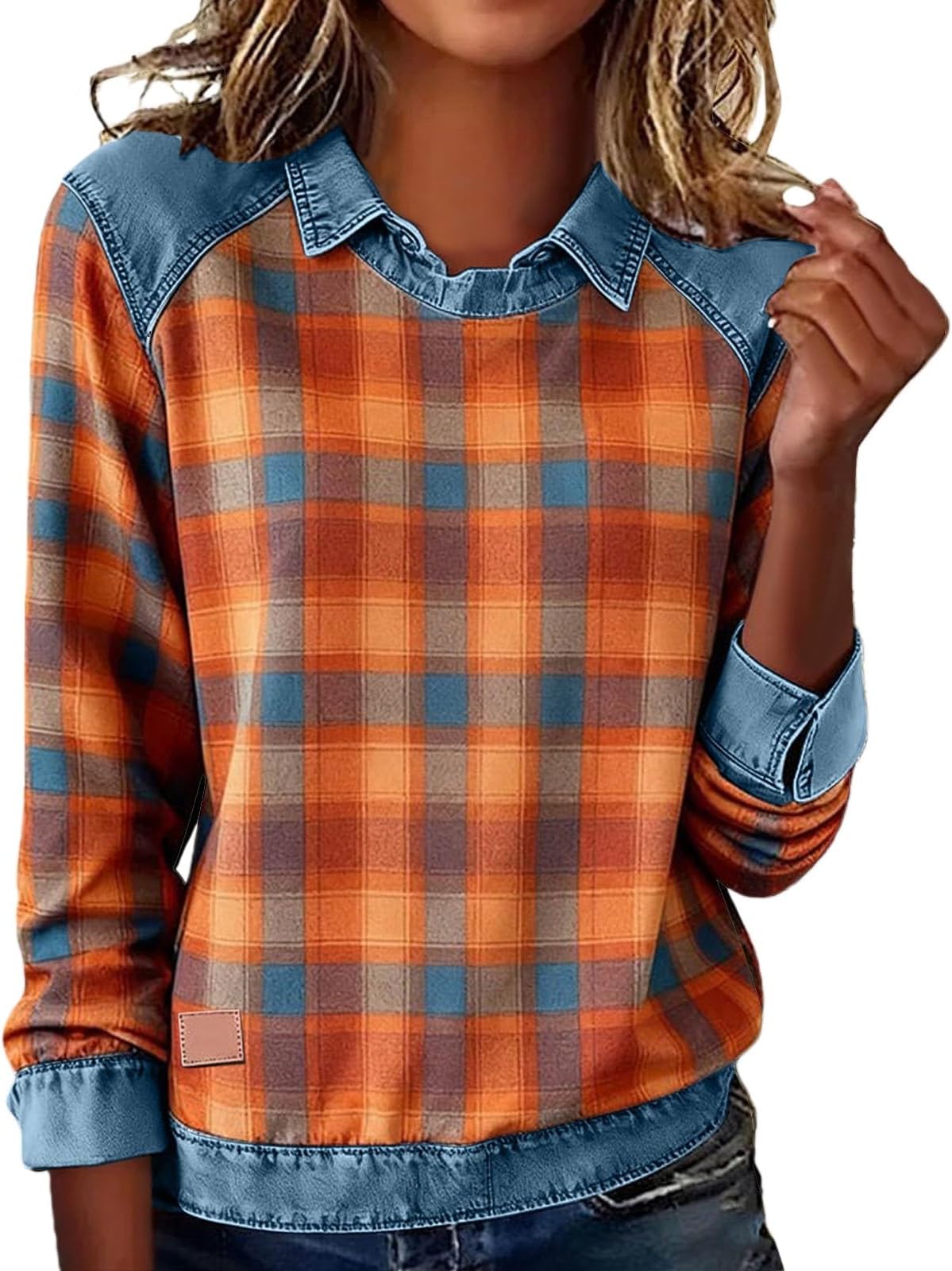 Patchwork Sweatshirt Women Long Sleeve Graphic Denim Collar Pullover Top Classic Plaid Shirt Splicing Tshirts Blouses