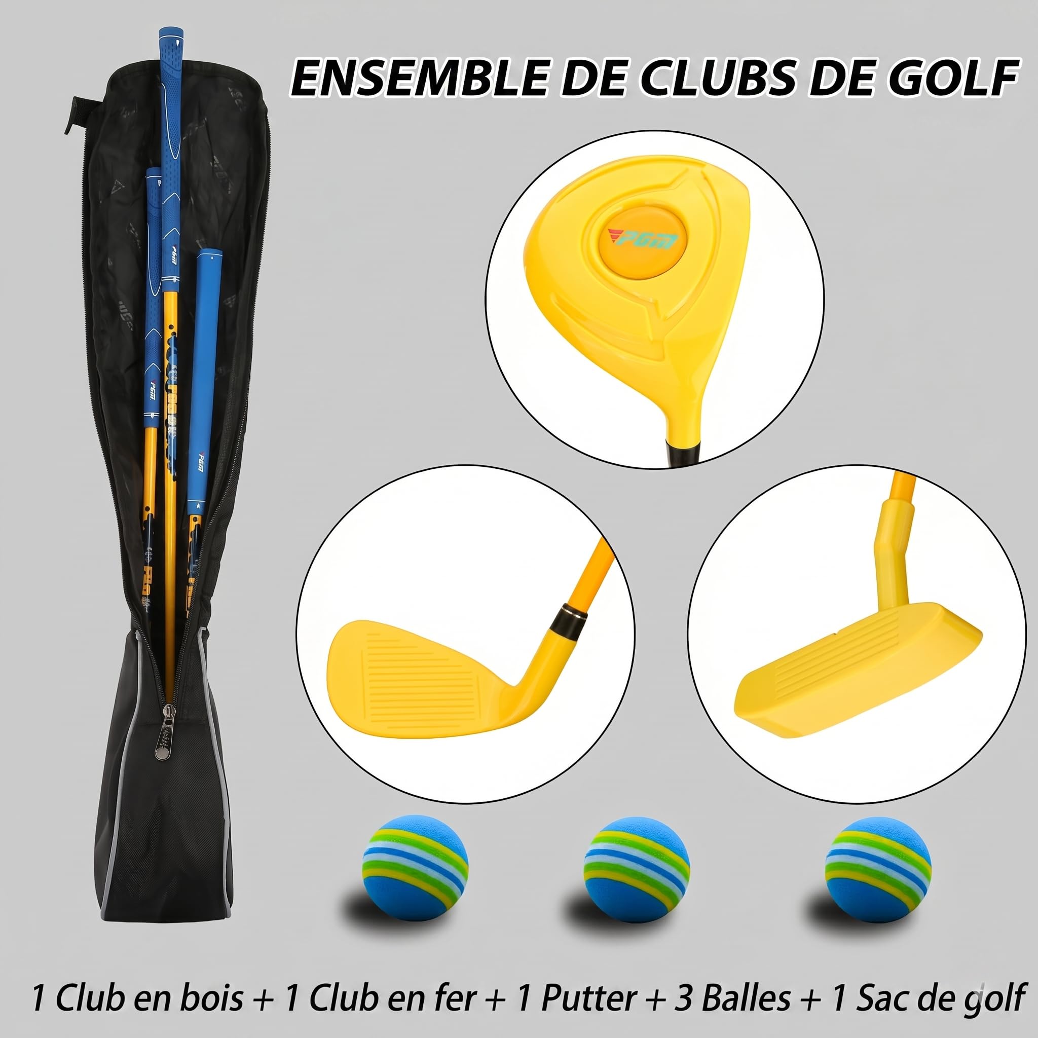 PGM Ensemble de Clubs de Golf pour Enfants – Peut Frapper de Vraies Balles – Comprend Bois, Fer, Putter, 3 Balles et Sac – Idéal pour Débutants Garçons et Filles