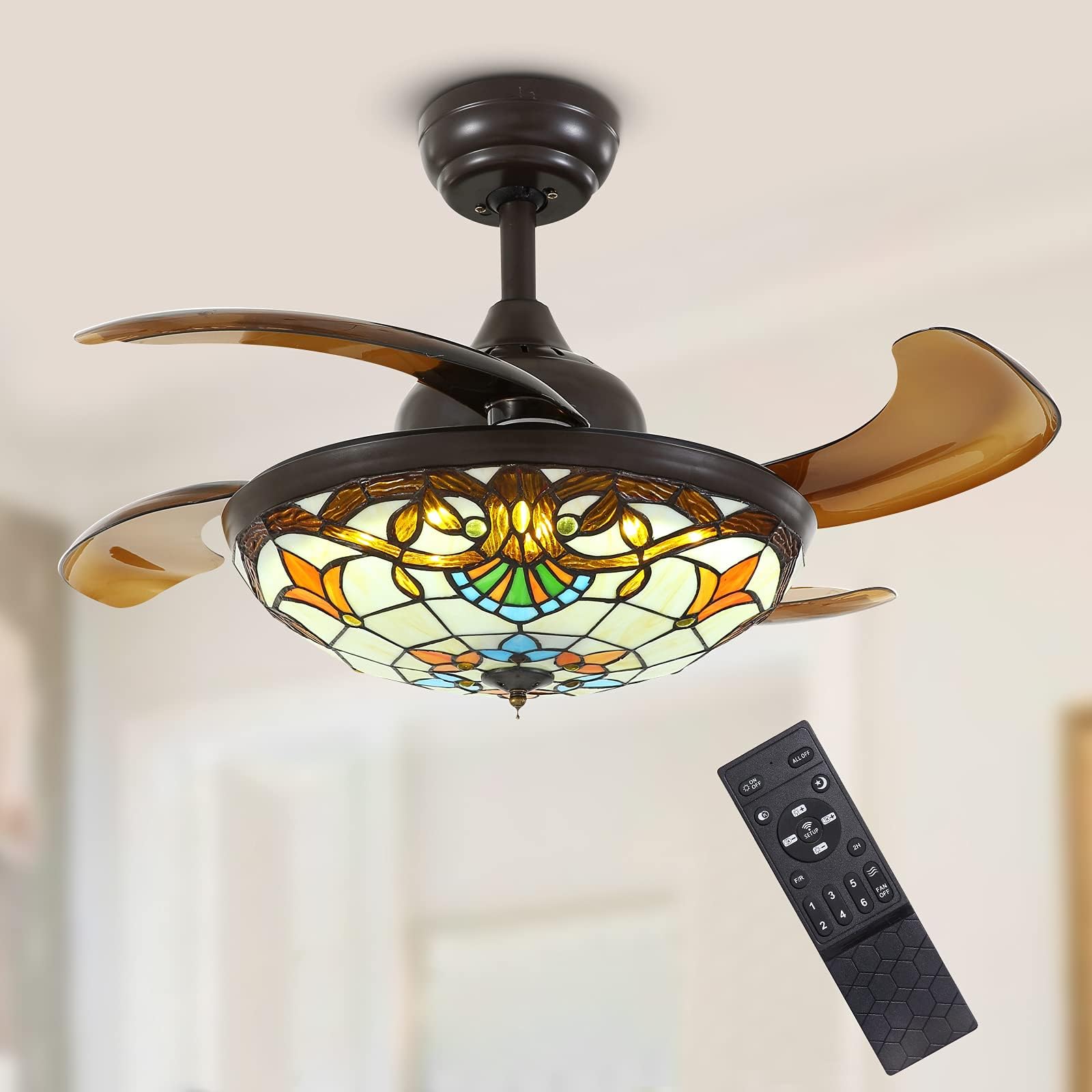 Moooni36" Mediterranean Style Ceiling Fans with Light and Remote Tiffany Fandelier Invisible Chandelier Fans with Retractable Blades Indoor Dimmable LED Ceiling Fan Light Kit Brown