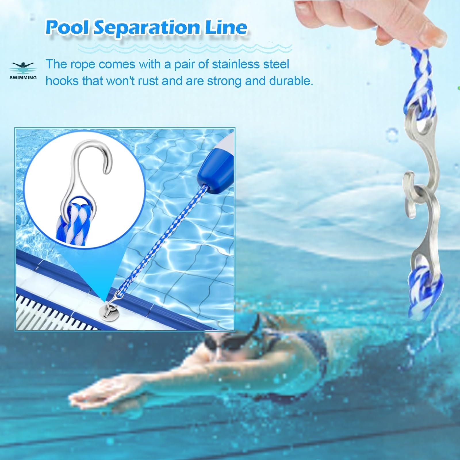 Corde de sécurité de qualité supérieure avec crochets et flotteurs. Idéal pour sécuriser les zones dangereuses dans les hôtels, villas et parcs aquatiques. Durable et facile à installer