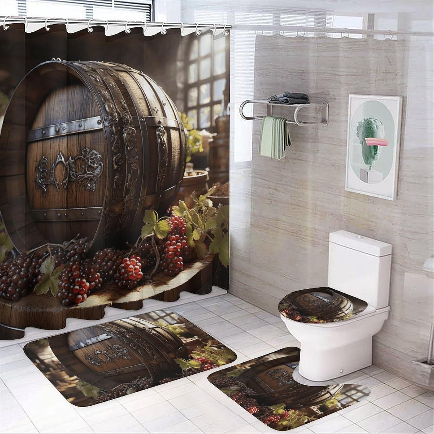 Red Wine Barrel Shower Curtain Set 4 Piece, Non-Slip Bath Mat with Toilet Lid Cover and Waterproof Shower Curtain with 12 Hooks, Complete Bathroom Set for Home Decor