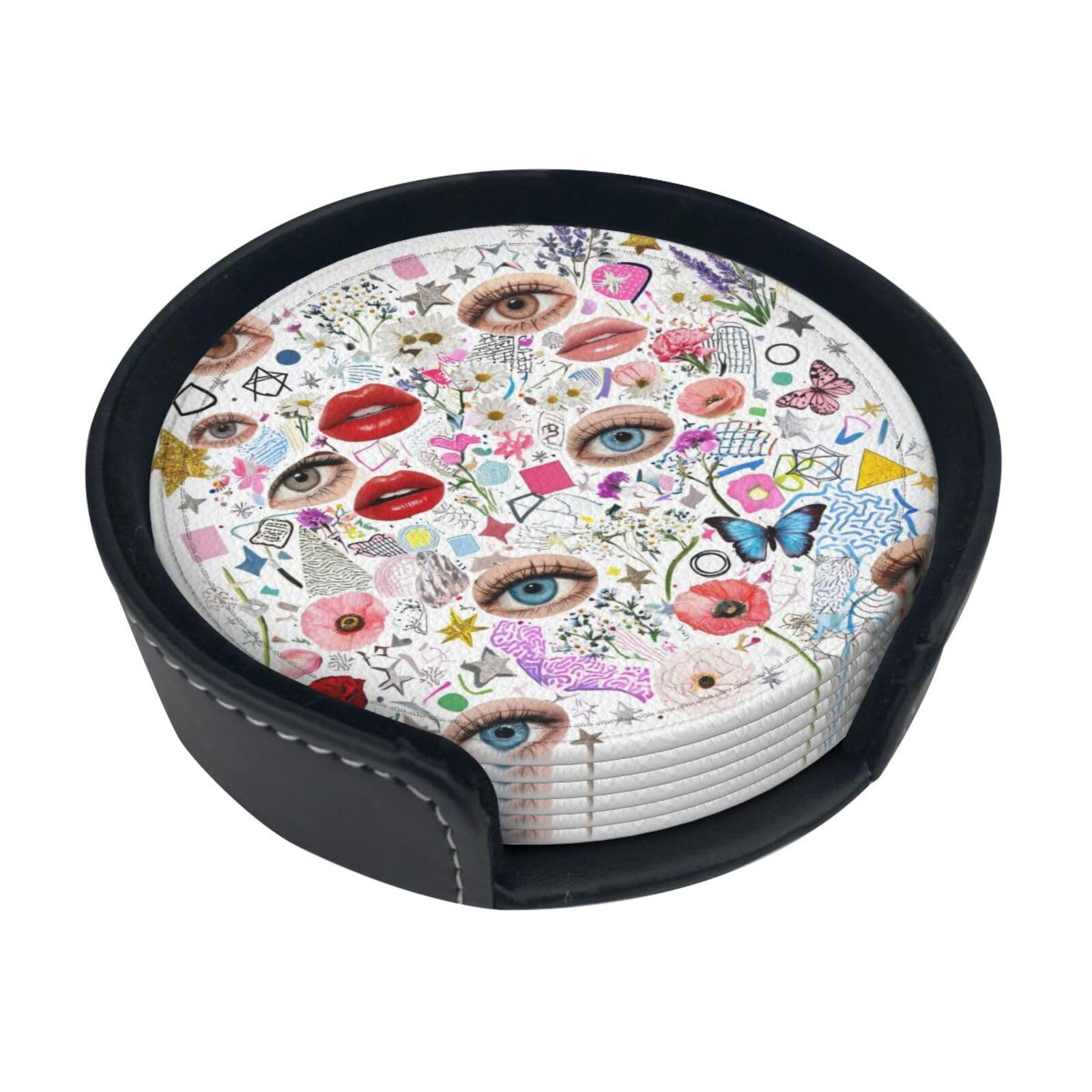 Collage Pattern Leather Coasters-Set of 6 with Storage Holder