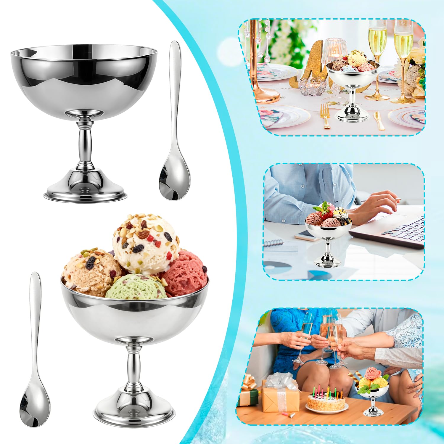Tissting 8 ciotole per gelato, 270 ml, in acciaio inox, riutilizzabili, con base argentata, con cucchiaio o forchetta, per dessert, yogurt congelato, gelato, decorazioni per feste di compleanno