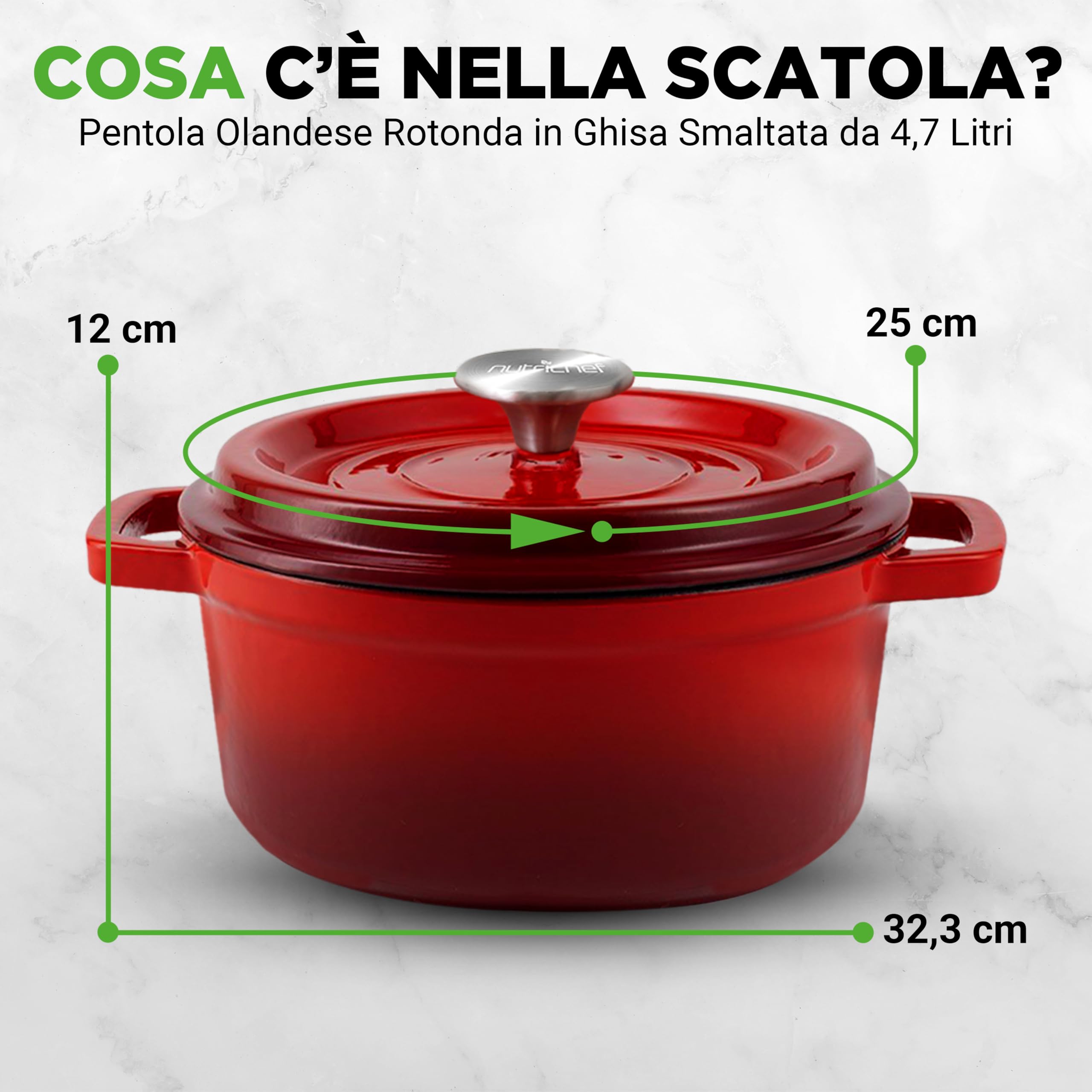 NutriChef Casseruola in Ghisa da 5 Litri, Forno Olandese Antiaderente in Rivestimento Smaltato con Coperchio, Rotonda Cocotte per Cuocere con Ricette, Adatta a Piani di Cottura e Forni a Induzione