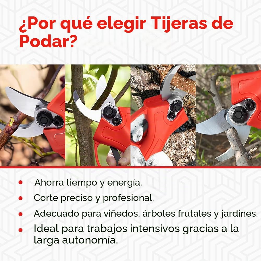 Tijeras de podar eléctricas con 2 baterías de 48 V y maletín, tijeras portátiles profesionales – Corte preciso y asistencia de batería inmediata (Rojo)