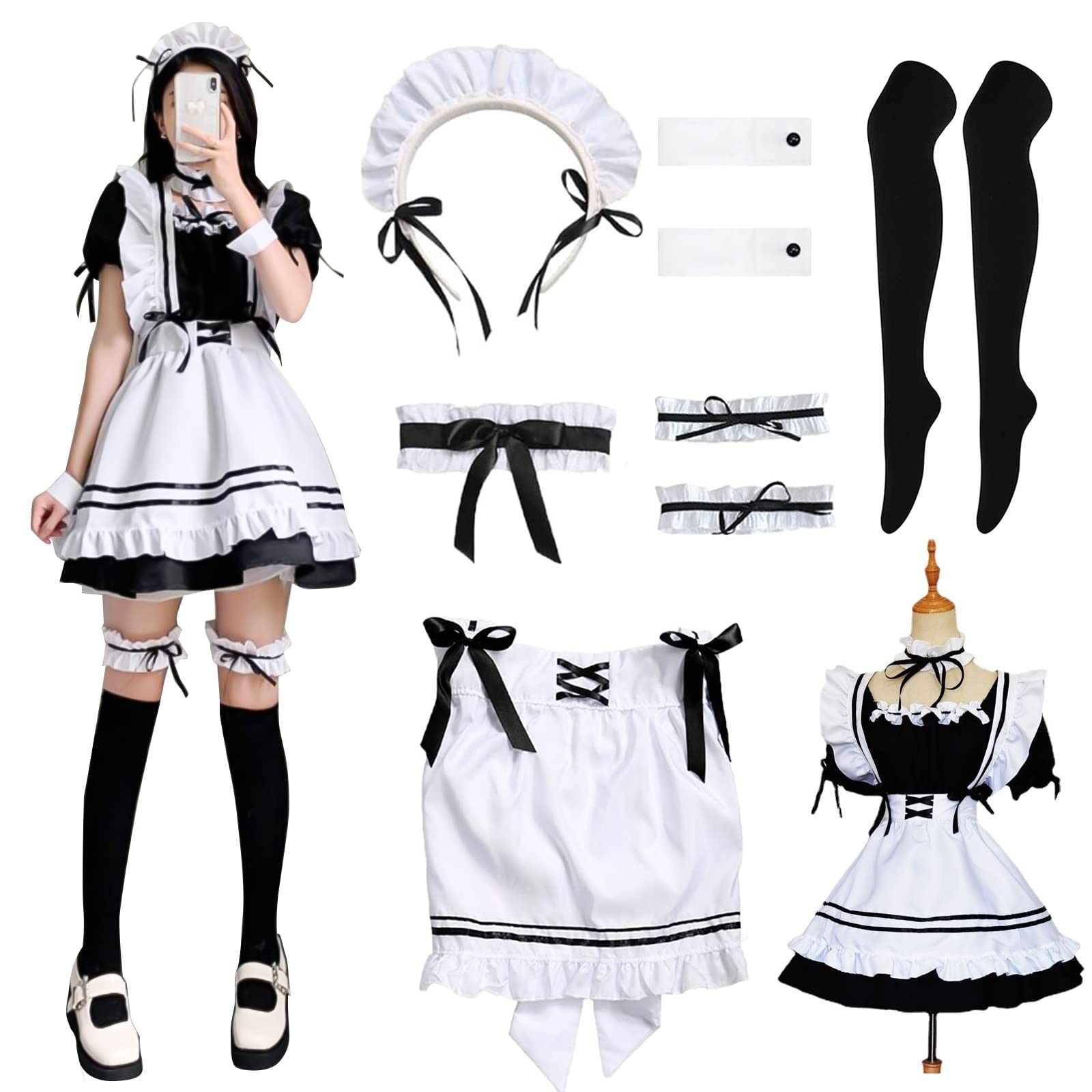 YushengTai Maid Dress, Maid Costume Cosplay Anime, Classic Black and White Dress, French Maid Dress with Headband, Christmas Halloween Party Cosplay Carnival Costume, Size XXL