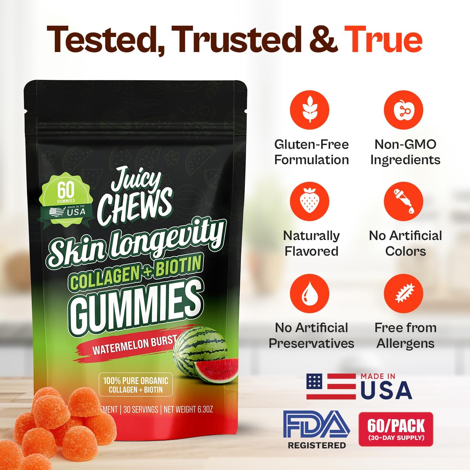 Biotin and Collagen Gummies | Low Sugar Non-GMO Collagen Gummies for Men and Women| All Natural Flavors | 60 Gummies | 30 Servings | Watermelon Flavor