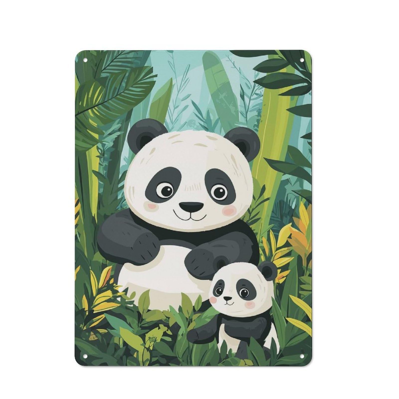 Junmoney Cute Panda Family Country Vintage Metal Wall Decor 40X30cm, Farmhouse Metal Sign For Kitchen, Cottage, Porch Or Garden Room