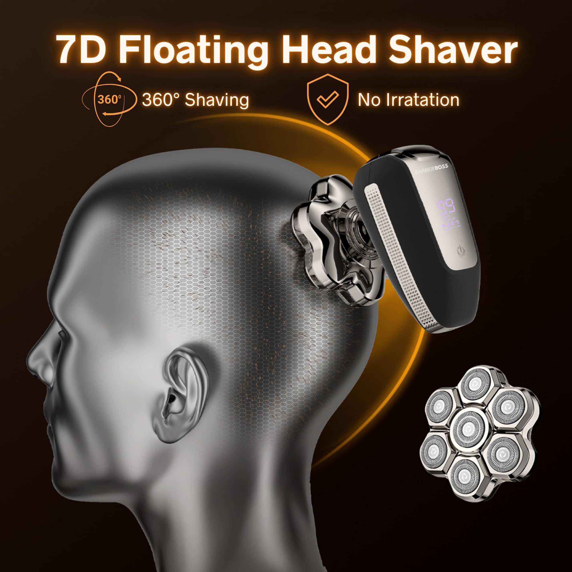 BarberBoss Rasoir à tête chauve 7D pour homme – Rasoir rotatif magnétique, toiletteur électrique 5 en 1 avec écran LED, charge USB-C, tondeuse à barbe et nez, kit de toilettage facial tout-en-un