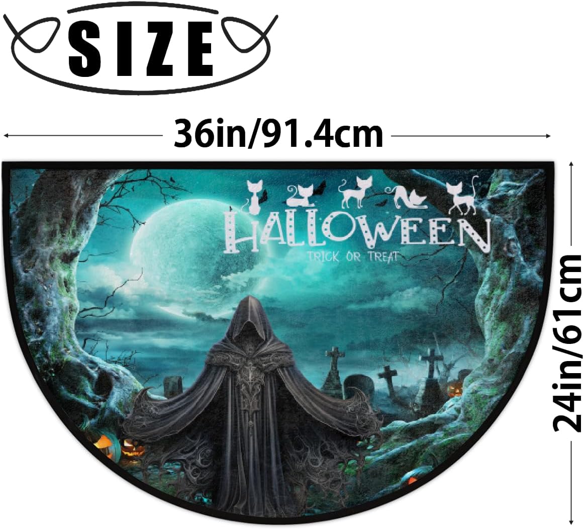 Half Round Doormat Non-Slip Washable Semi Circle Rug Soft Absorbent Half Moon Mat for Indoor Outdoor Entrance Kitchen Bathroom Sink Welcome Fireplace Floor Rug Halloween Grim Reaper Pumpkin decorate
