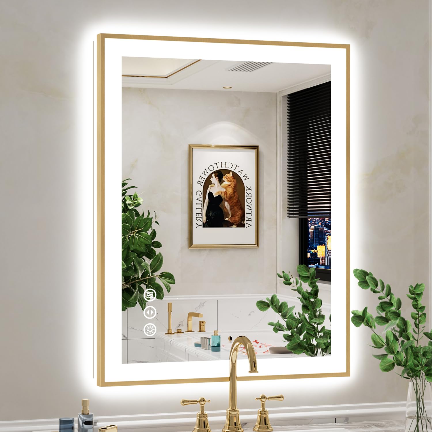 28x36 LED Bathroom Mirror with Lights, Gold Framed Lighted Mirror