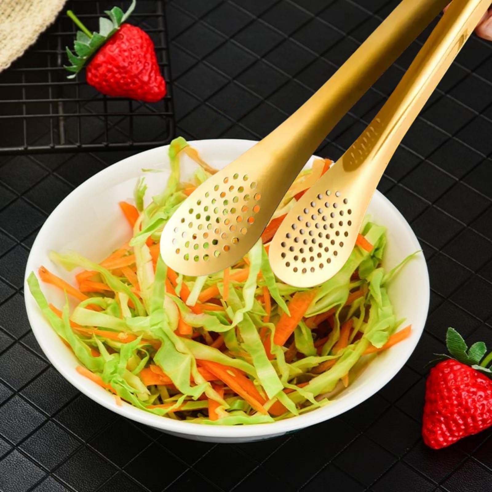 Gold Buffet Tongs - 4 Piece Set with Drip Holes -9