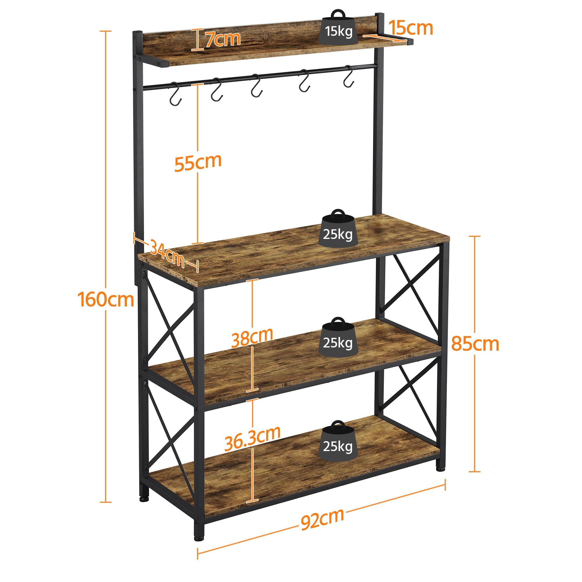 Yaheetech Étagère de Cuisine avec 4 Étagères et 5 Crochets Étagère pour Micro-Ondes Meuble Auxiliaire de Cuisine Étagère de Boulangerie Industrielle 92 x 34 x 160 cm