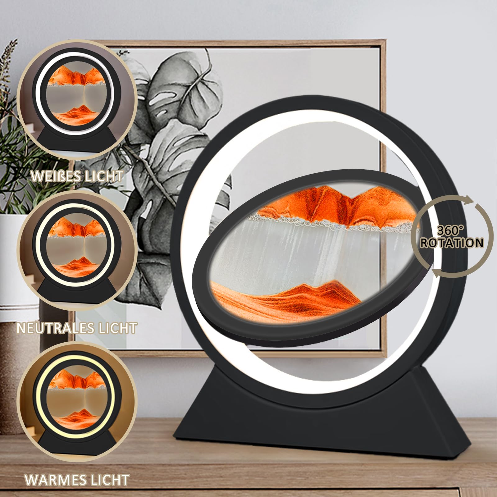 Ulikey Sandbilder Zum Drehen, 3D Dynamische Sandbild mit Led Licht, 10 Zoll Bewegende Sandkunst, Fließende Sandkunst für Erwachsenes Kinder, Bewegliches Sandkunstbild Landschaft (Schwarz und gelb)
