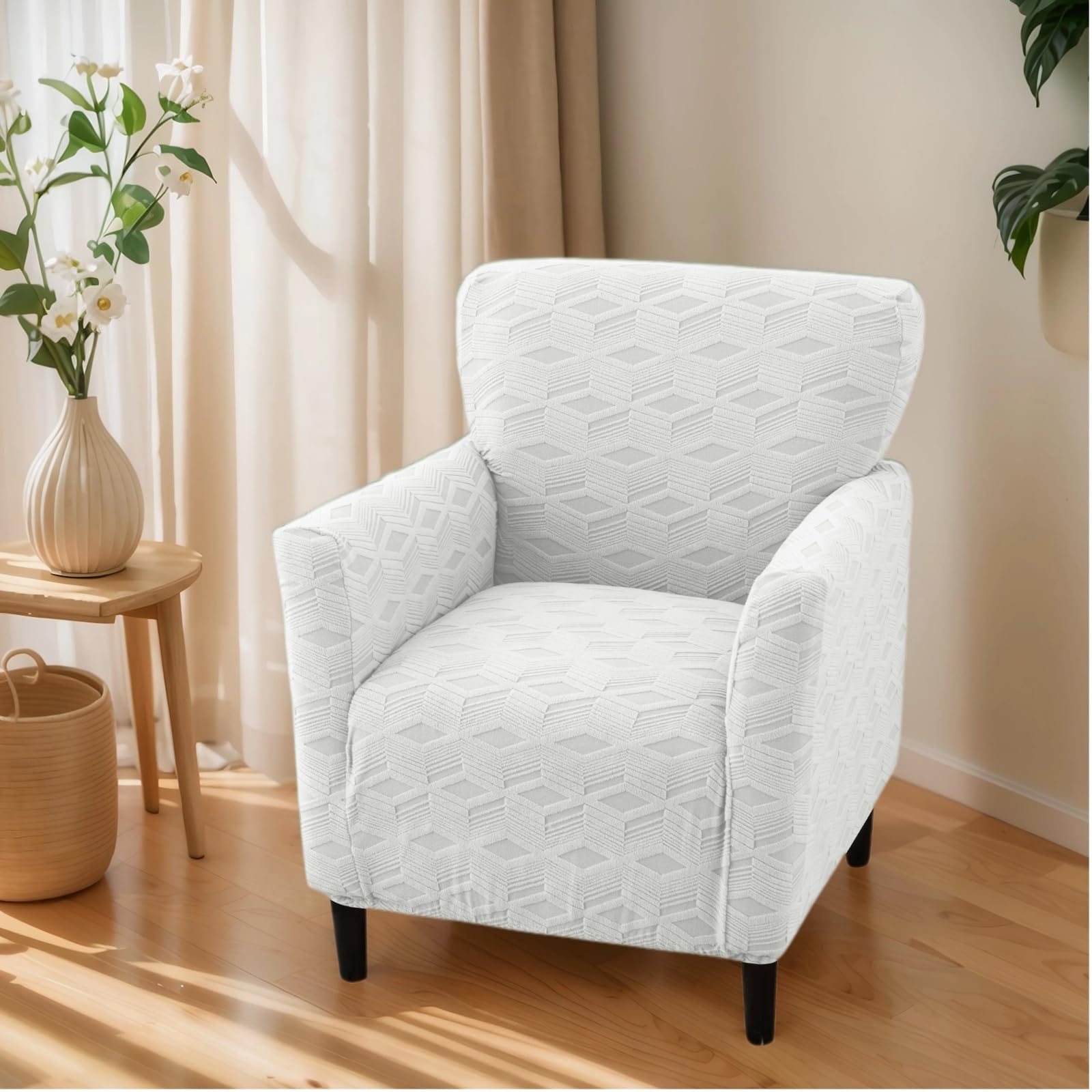 OKYUK Banquet Armchair Slipcovers Printed Chair Slipcovers with Arms 1-Piece Stretch Chair Covers for Living Room Anti Slip Soft Armchair Slipcover Kids Pets Friendly (White Checkered)
