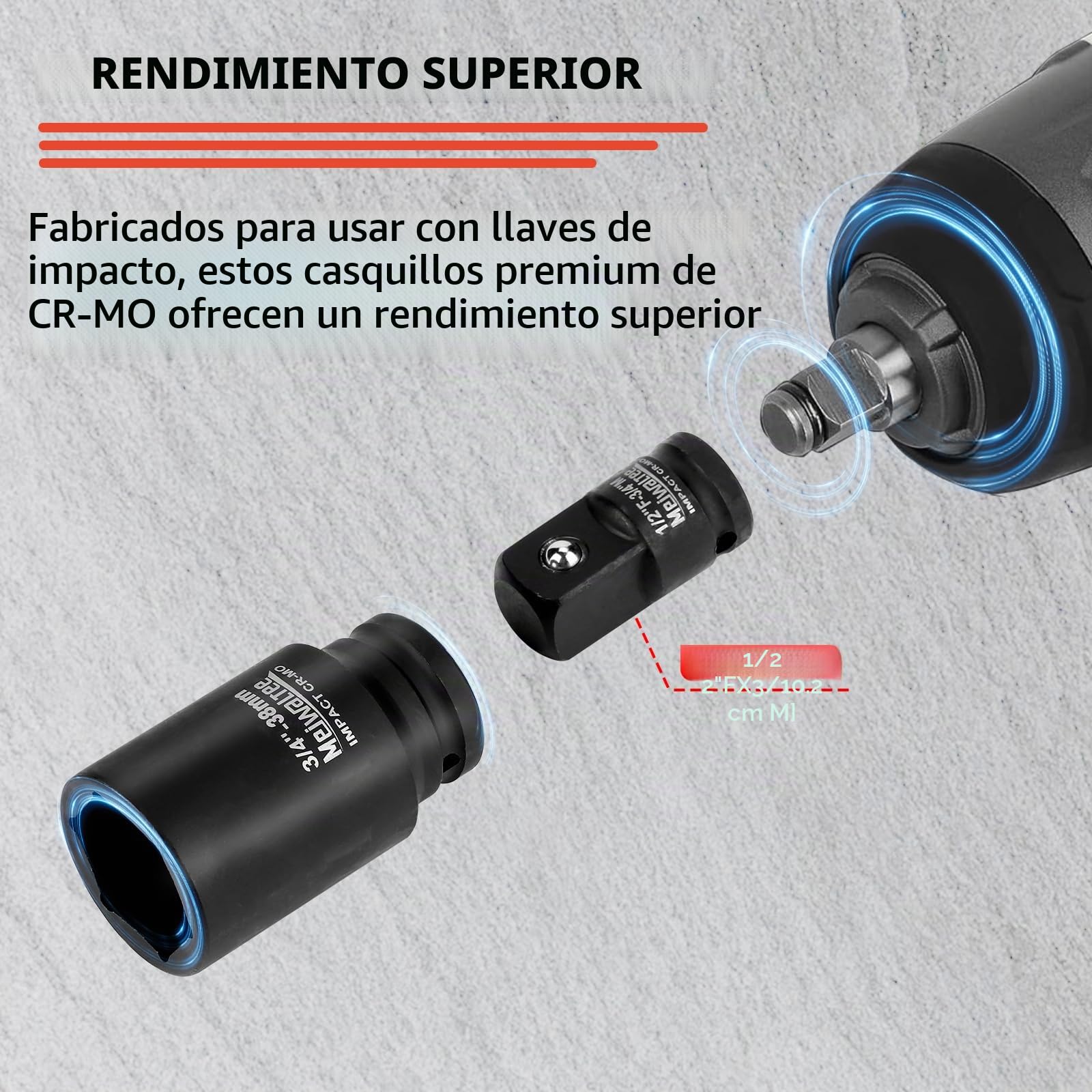 3/4" Juego de Llaves de Impacto | 17 - Piezas Jumbo Surtido de Llaves de Impacto Profundo Tamaños Métricos 17-38MM | Barra de extensión | 6 Puntos Torque | Acero Cr-Mo.