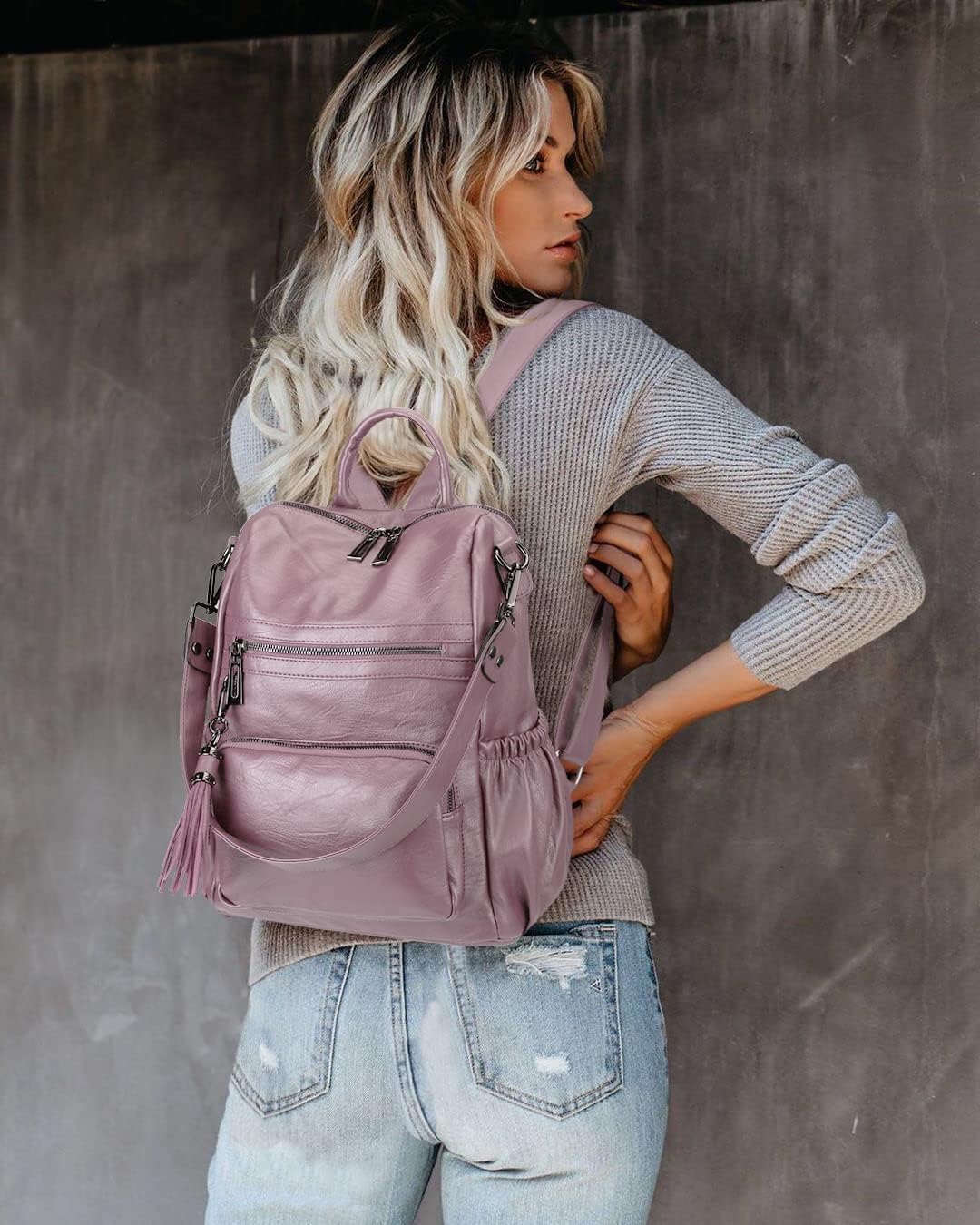 Uromee Travel Backpack Purse for Women Vegan Leather Ladies Fashion Tassel Shoulder Bag Convertible 0243 Light Purple A - Image 3