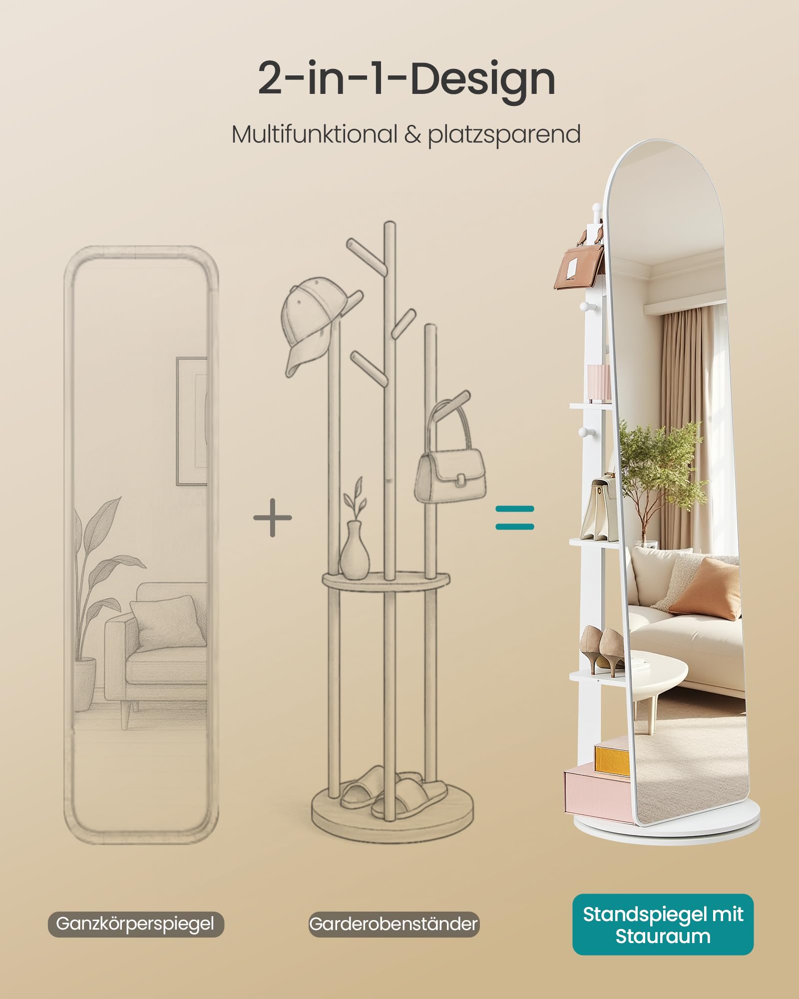 SONGMICS Ganzkörperspiegel, Standspiegel, 360° drehbarer Spiegel, 163 x 45 cm, mit Sockel, Ablagen und Haken, klares Hartglas, für Schlafzimmer, Wohnzimmer, gewölbter Spiegel, wolkenweiß LFM037WB01