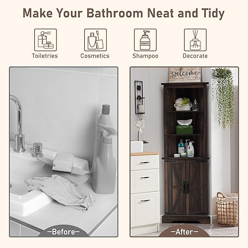 Miniatura 7 de OKD Armario de esquina alta armario de almacenamiento de granja con diseño de puerta de granero y estantes ajustables ahorro de espacio en el hogar