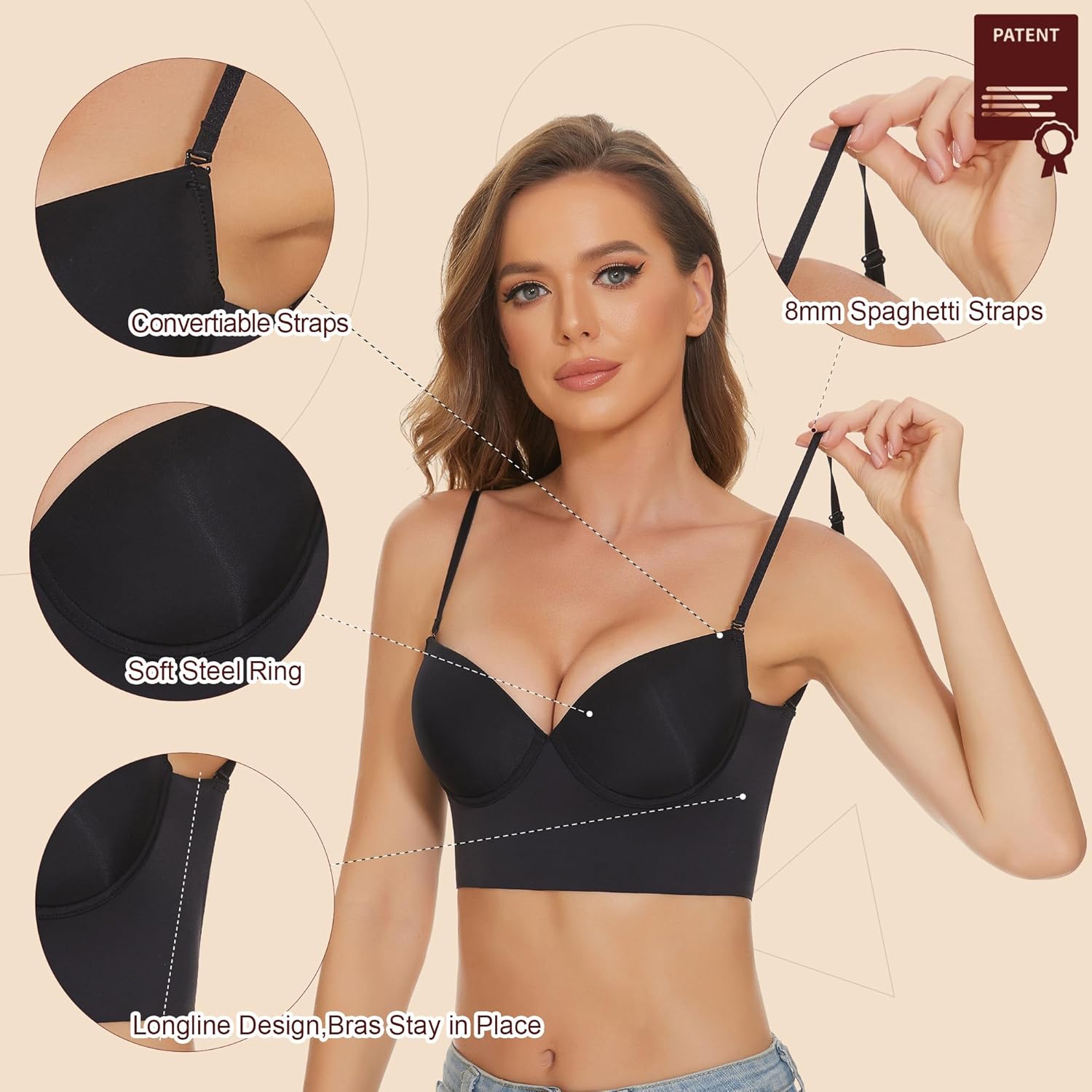 Low Back Bras for Women, Seamless Underwire Invisible Backless Bra, Multi-Way Convertible Straps Low Cut Bras Halter Bra - Image 3