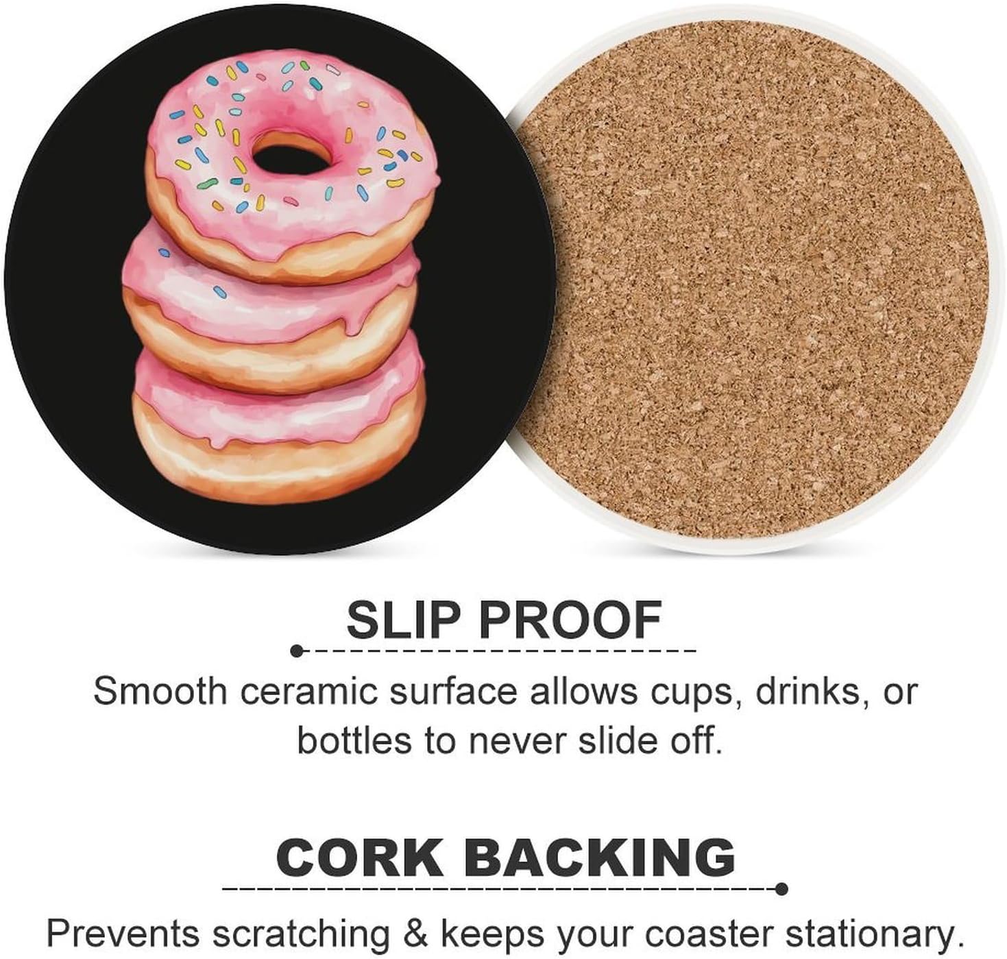 Sprinkled Doughnuts Donut Funny Round Ceramic Coasters for Drink Absorbent Cup Holders Tabletop Protection