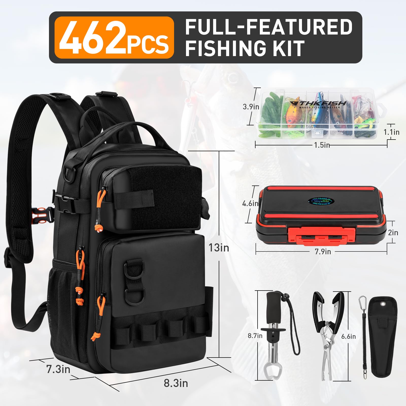 THKFISH Set di attrezzi da pesca da 462 pezzi, zaino e scatola da pesca con attrezzi da pesca, inclusi escha, ganci, piombo, set di accessori, pinze, pinze per labbro, attrezzatura da pesca e regalo