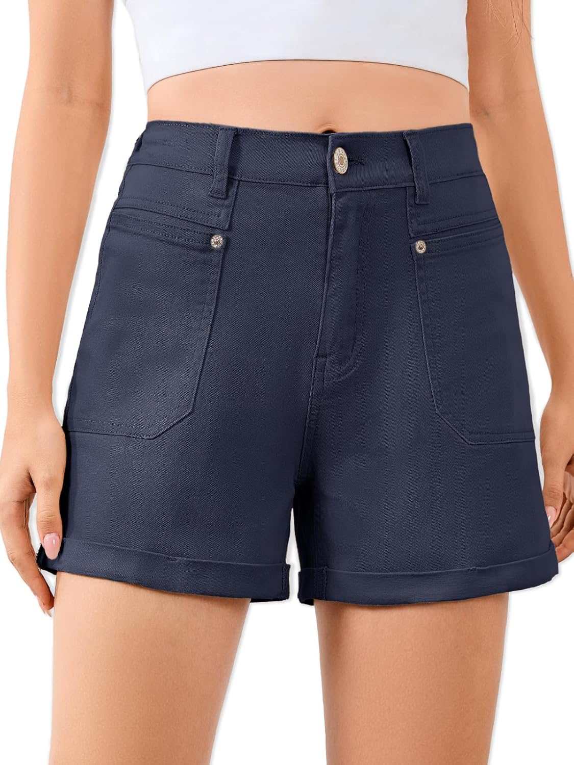Women High Waisted Jean Shorts Stretchy Denim Shorts for Women Folded Hem Chino Shorts Summer Jorts - Image 2