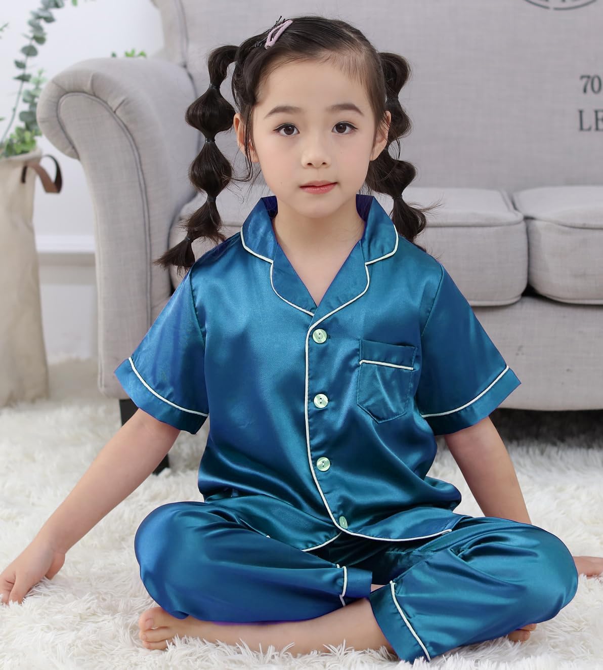 Girls Boys Silky Satin Pajamas Set 3 Pcs for Kid Children Silk pjs Set Sleepwear Button-up Nightwear - Image 5