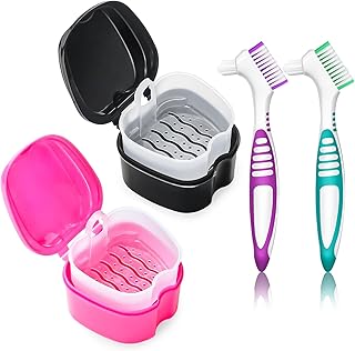 2 Pack Colors Denture Bath Case Cup Retainer Cleaner Holder Case False Teeth Soaking Container Dental Bath Storage Box Case with Strainer Basket and Brush - Rose Red & Black