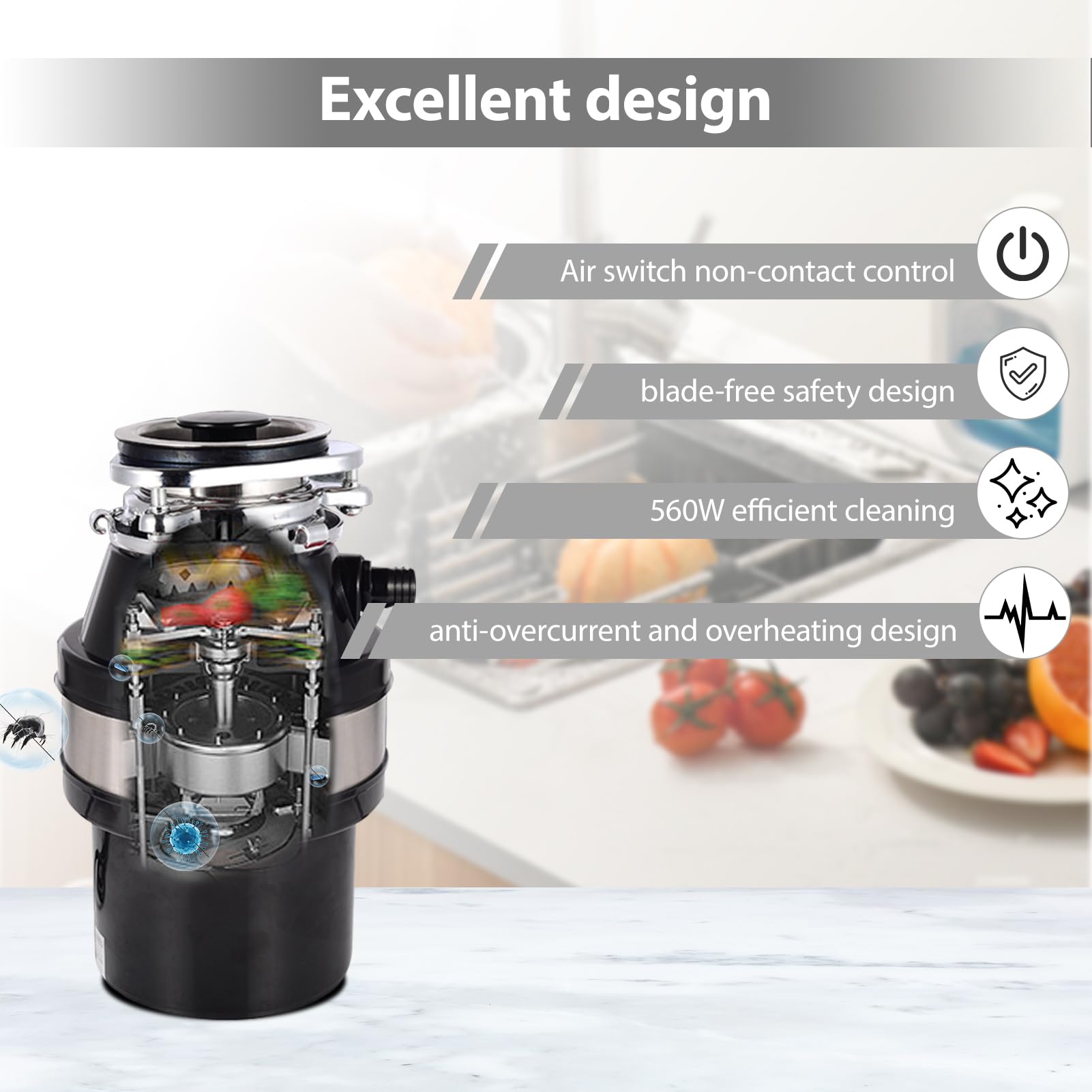 Triturador de Basura de 1,2 L con recogedor de residuos, 560 W, para Fregadero, con protección antiagarrotamiento y contra sobrecargas, y protección acústica. Ideal para Cocina y Fregadero.