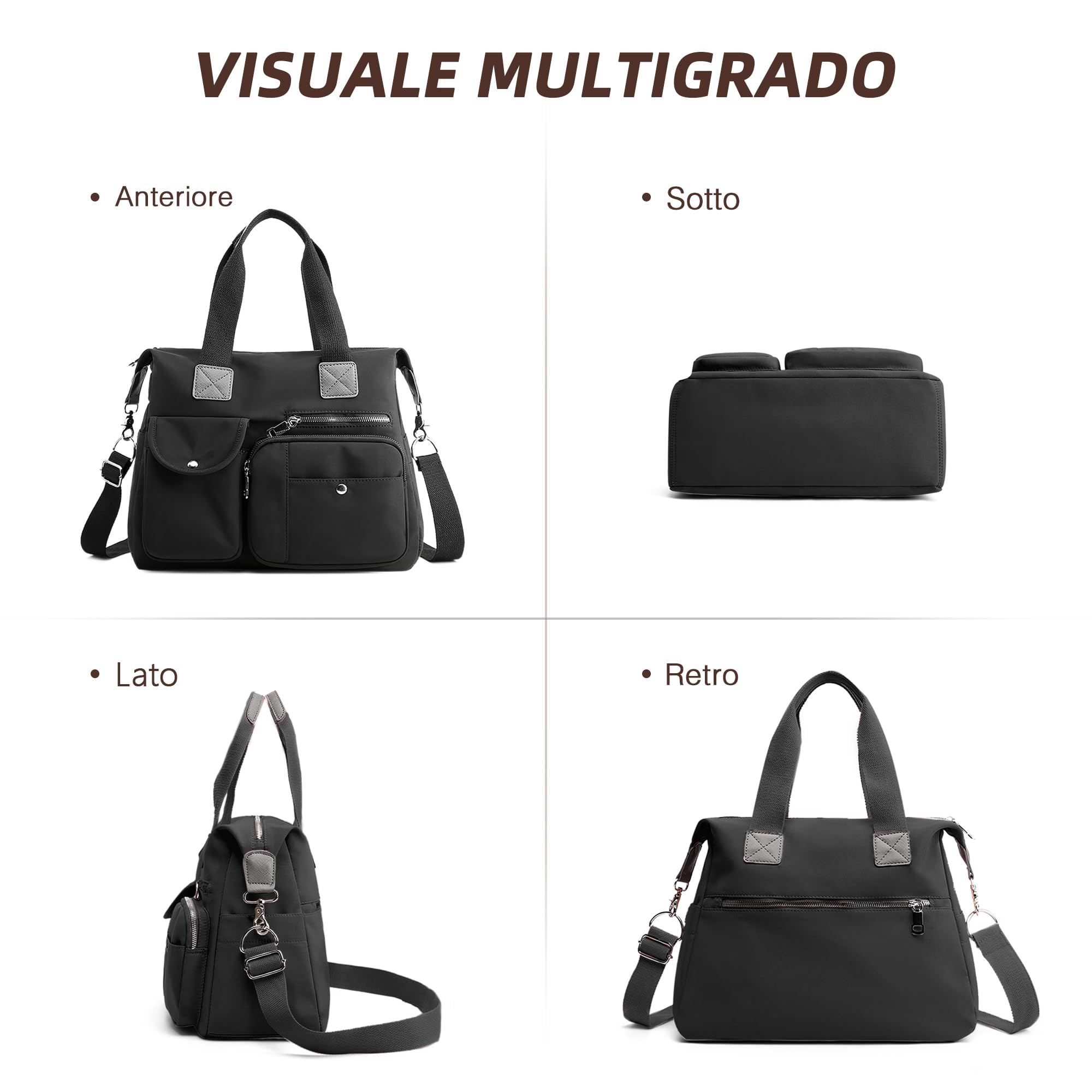 DIRRONA Borsa Tracolla Donna Borsa A Mano Casual - Borsa Tote Con Più Tasche Impermeabile E Resistente Tracolla Removibile Ideale Per Lavoro Università E Viaggio Nero Classico