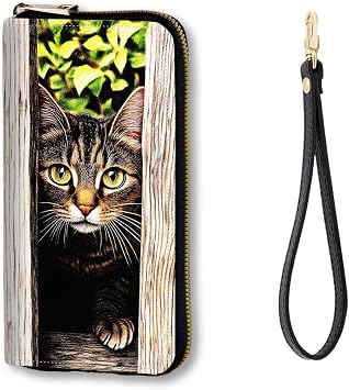 RFID Blocking Zip Around Wallet for Women with Detachable Strap | Large Capacity Leather Card Holder & Travel Wristlet Purse,Cute Tabby Cat