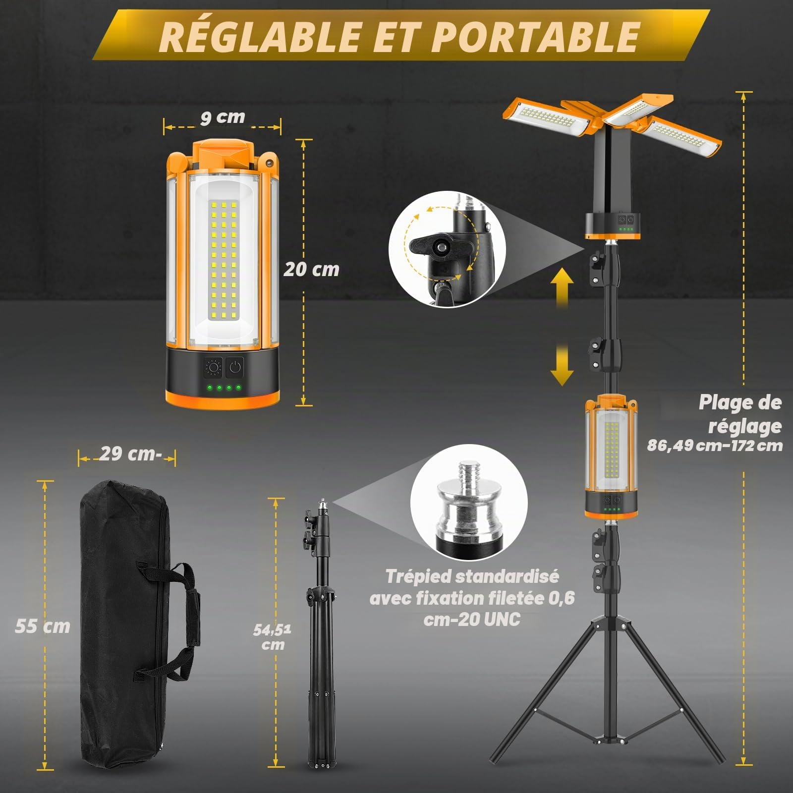 T-SUN Projecteur de Chantier LED Rechargeable avec Trépied, Multiples Modes Lampe de Travail Réglable, 10400 mAh Lampe de Camping à 4 Têtes, Projecteur sur pied Pour Chantier, Garage, Camping(Orange)