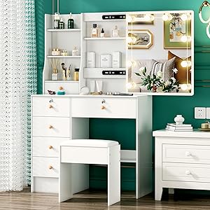 Tocador de Maquillaje con Luz y Taburete, Mesa de Maquillaje con Espejo Deslizante, Vanity de Maquillaje con 6 Cajones y 6 Estantes, Blanco 36x80x131cm, H010605