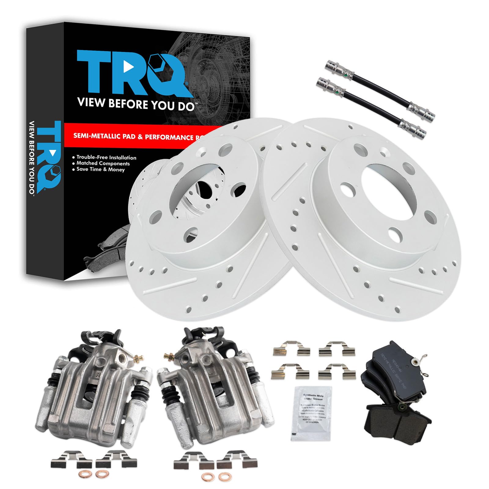 TRQ Performance Rear Brake Pad and Rotor Set Semi Metallic Drilled Slotted Coated Rotors Calipers Compatible with 2007-2010 Volkswagen Beetle 1999 Golf