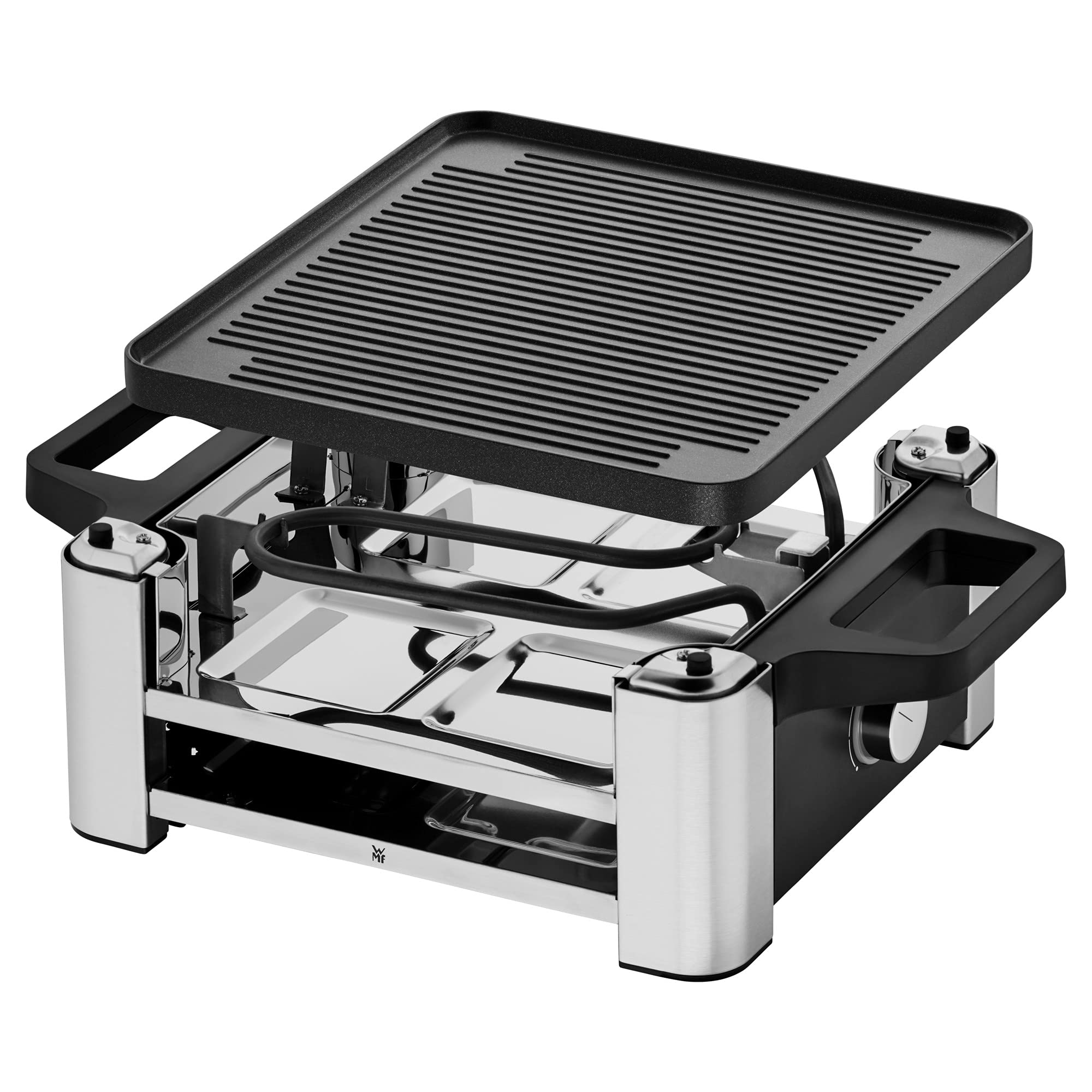 WMF Lono - Raclette Grill con Sartenes y Deslizadores, Raclette para 4 Personas, 870 W, Acero Inoxidable Mate