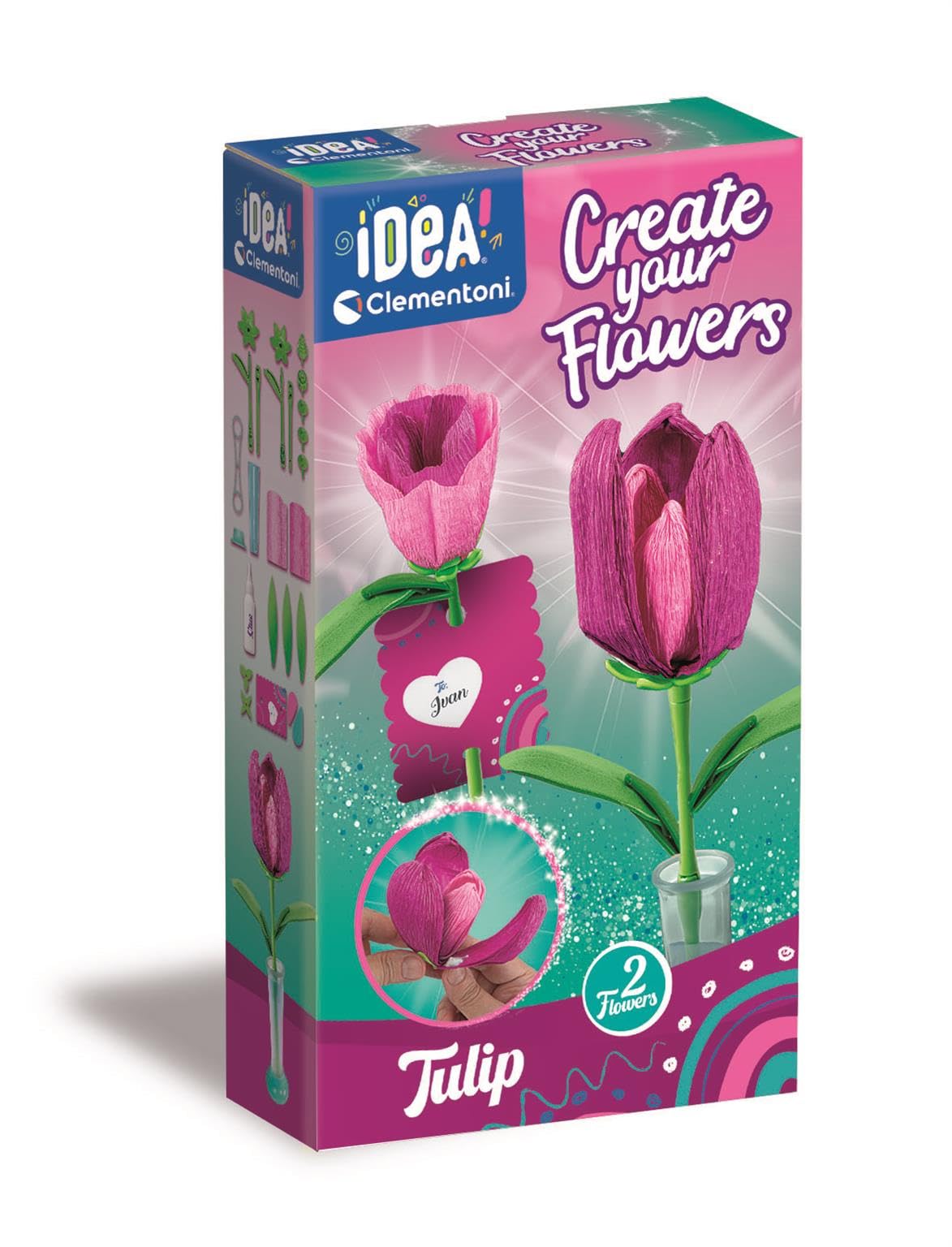 Clementoni IDEA Small Flowers Tulips, Create Your Flower kit, Gift Set, 18878, Pink
