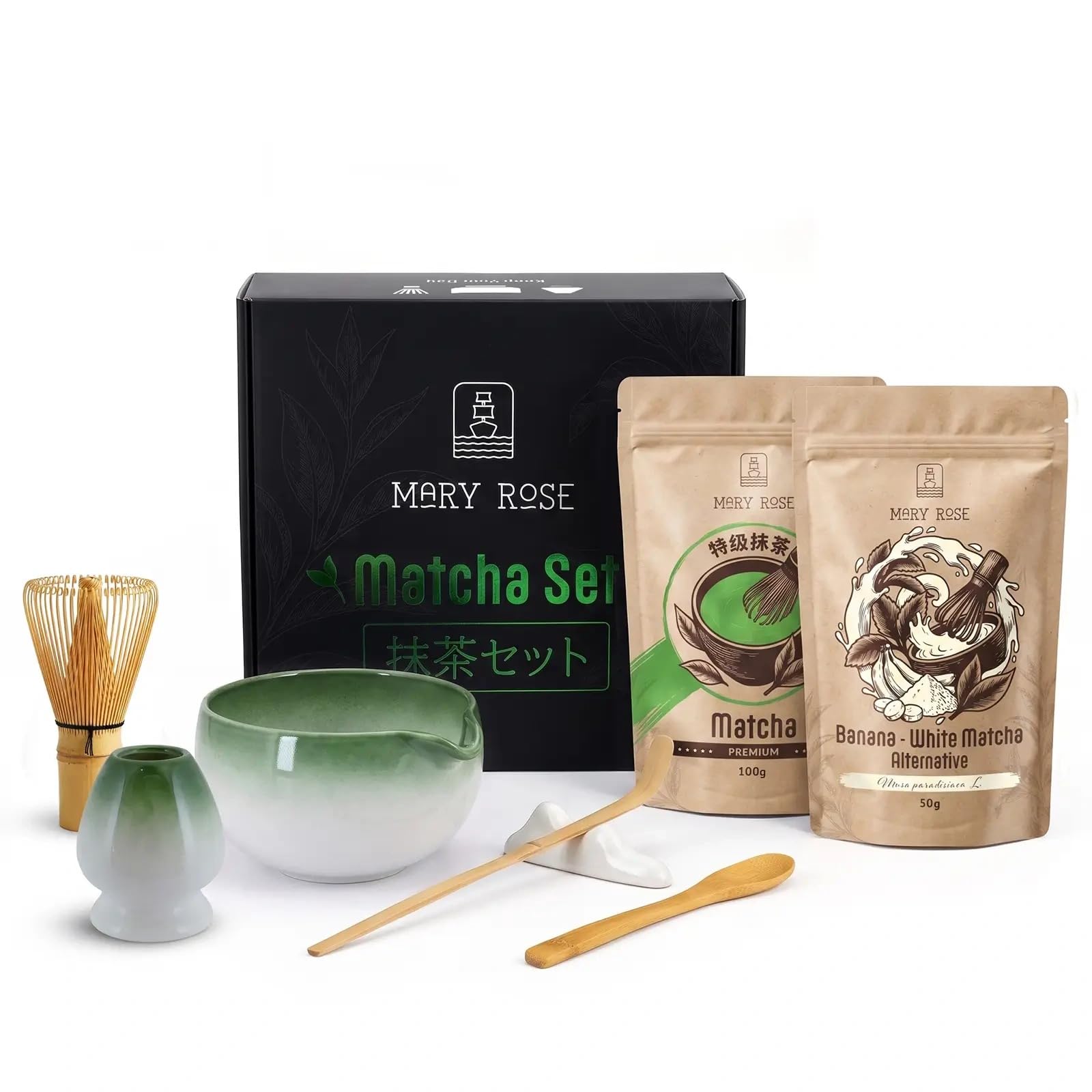 Mary Rose Matcha Set Premium Tee 100g Banane Pulver 50g Grün Schale 420ml