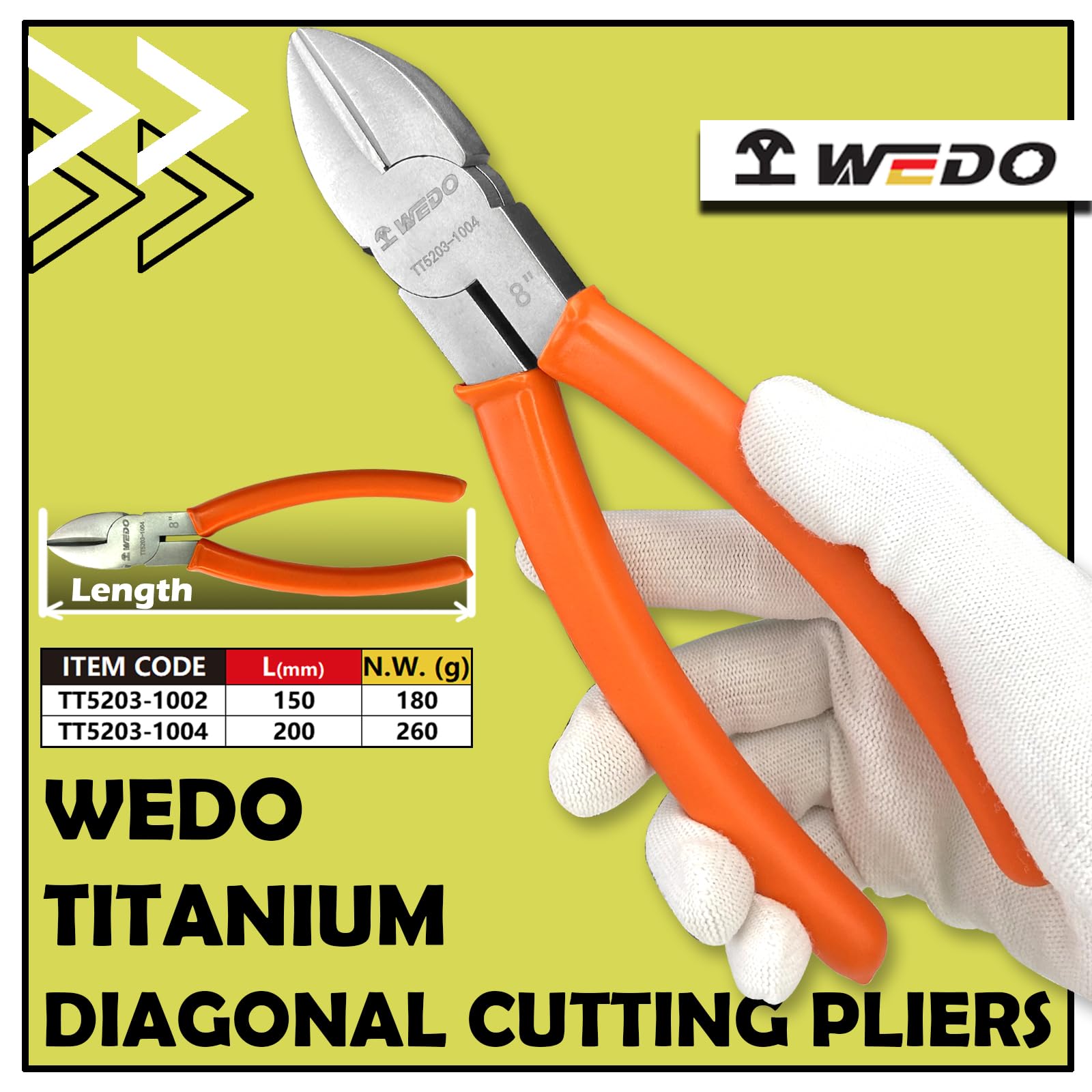 WEDO Titan Diagnol - Alicates de corte, cortador de cables, ligeros, no magnéticos, resistentes a la corrosión, 200 mm de longitud