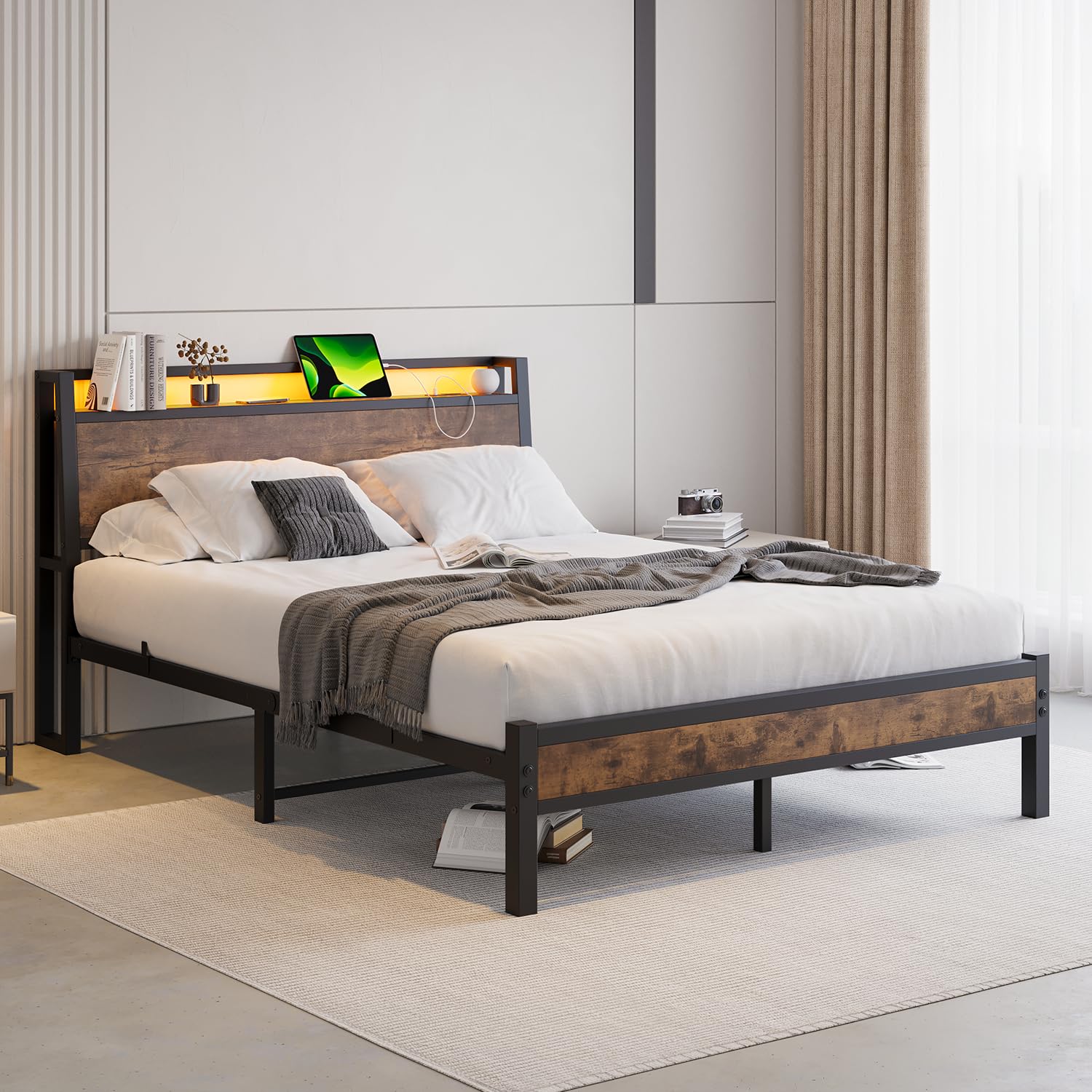 ZGEHCO Queen Bed Frame with Ergonomic Headboard&Charging Station,LED Bed Frame Queen Size Metal Platform Bed Frame with Storage No Box Spring Needed,