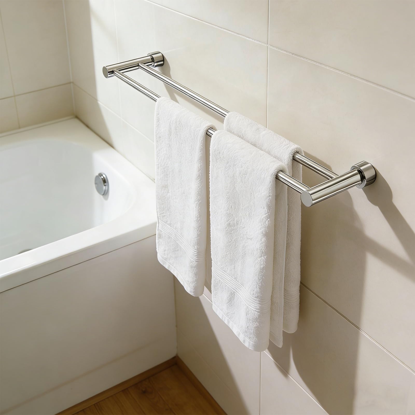 Toalleros de Baño con Taladro, Toallero de Baño Doble de Acero Inoxidable 304 Cepillado, Barra de Dos Brazos, Instalación de Taladro, Toallero para Pared de Ducha, Baño, Cocina - 80 cm, Plata