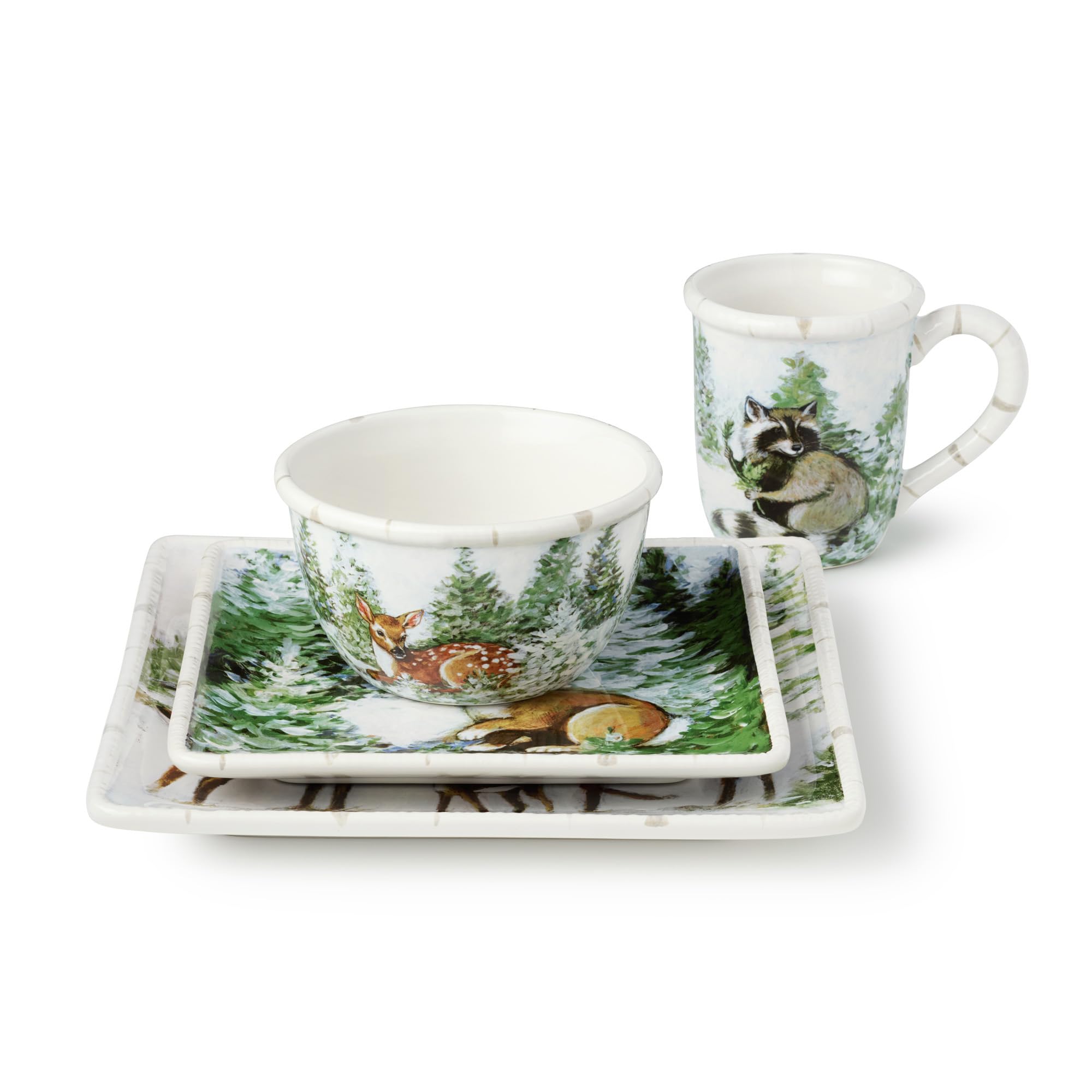 Set di stoviglie da 16 pezzi Winter Cabin, SERVIZIO per 4 - Quattro posti completi vivi di pini spolverati di neve, un"accogliente capanna di tronchi, e le affascinanti creature boschive di un inverno
