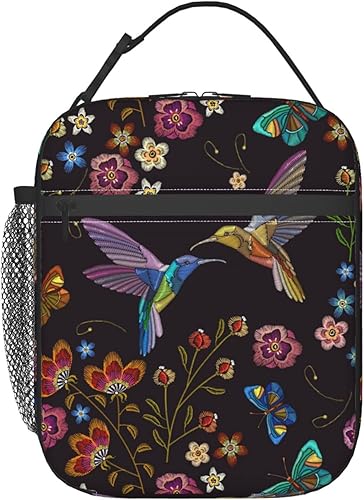 Abucaky Hummingbird Bird With Flowers Portable Lunch Bag Insulated Meal Bag Reusable Lunch Box Cooler Bag Food Container For School Work Travel