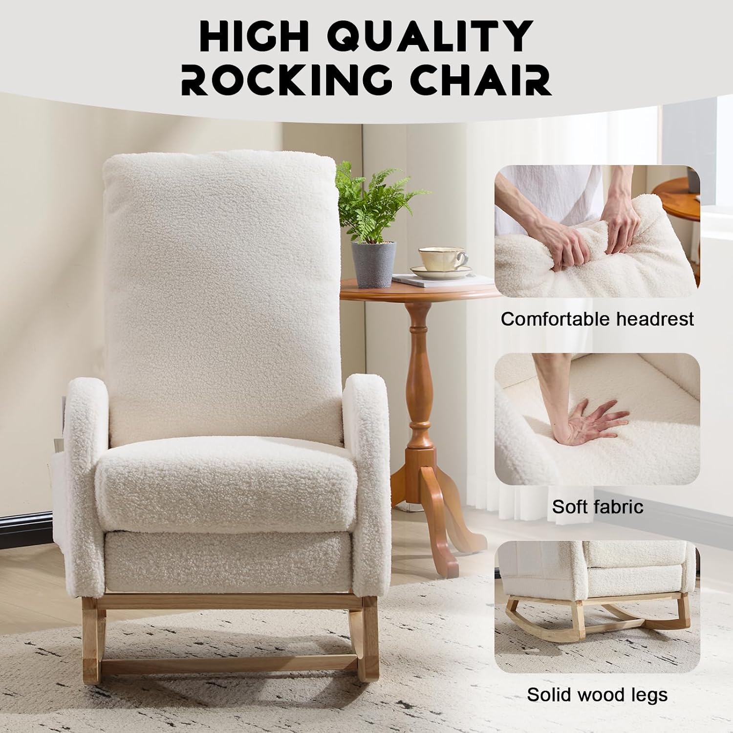 GOWE Modern Accent Rocking Chair Rocking Chair with Solid Wood Legs, Upholstered Nursery Glider Rocker with Side Pocket and Footrest, Living Room Lounge Arm Chair with High Backrest (White,Teddy)