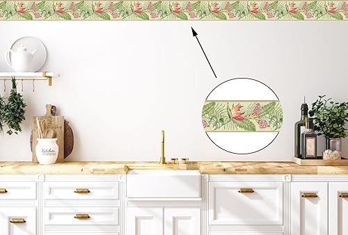 Miniatura 3 de CONCORD WALLCOVERINGS ™ Papel Pintado Frontera Floral Patrón Flores Hojas Para Sala De Estar Cocina Comedor, VerdeAmarillo Rojo, 15 pies Por 10 in