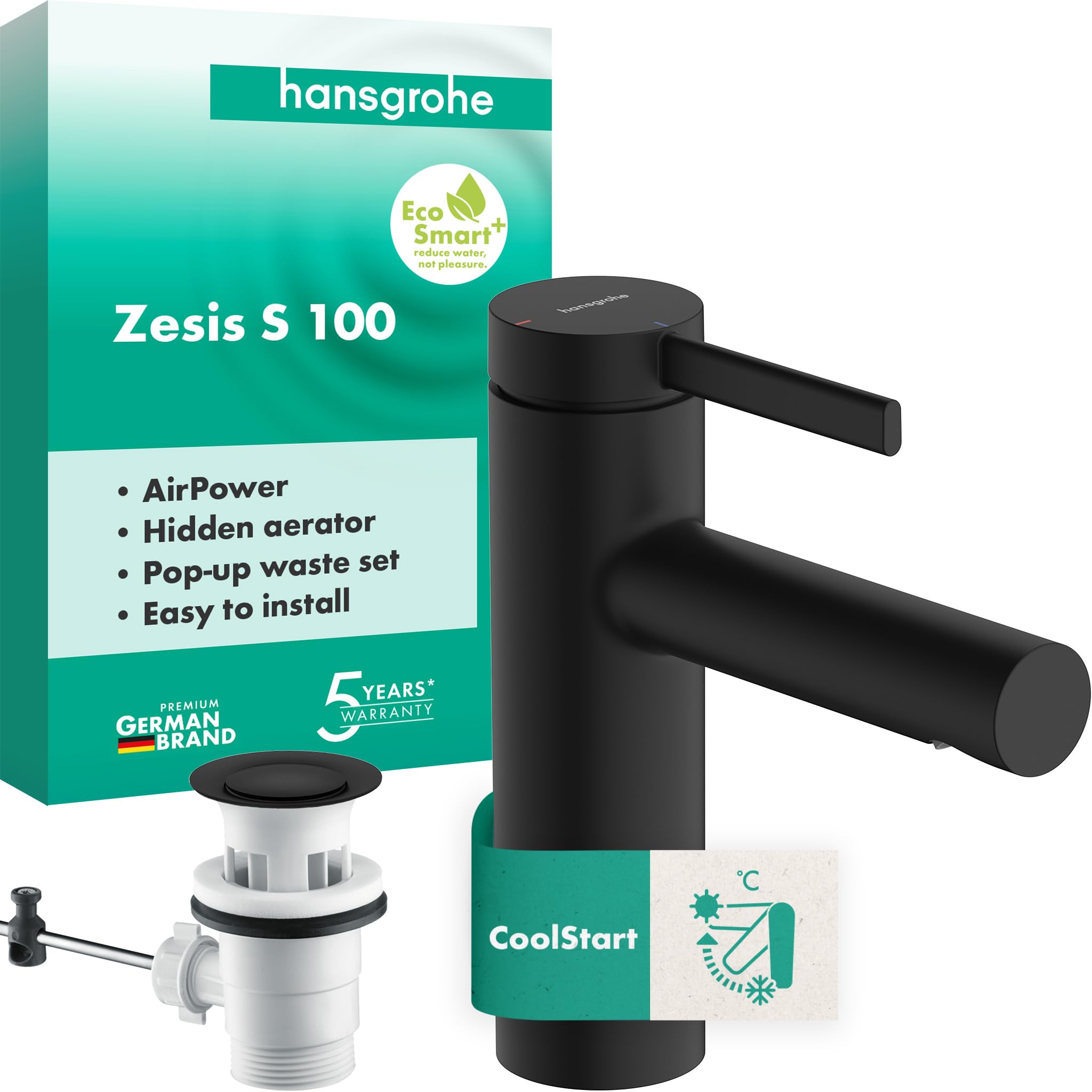 hansgrohe Zesis S, Bathroom tap with pop-up Waste Set, Energy-Saving (CoolStart), Bathroom Sink tap with spout Height 104 mm